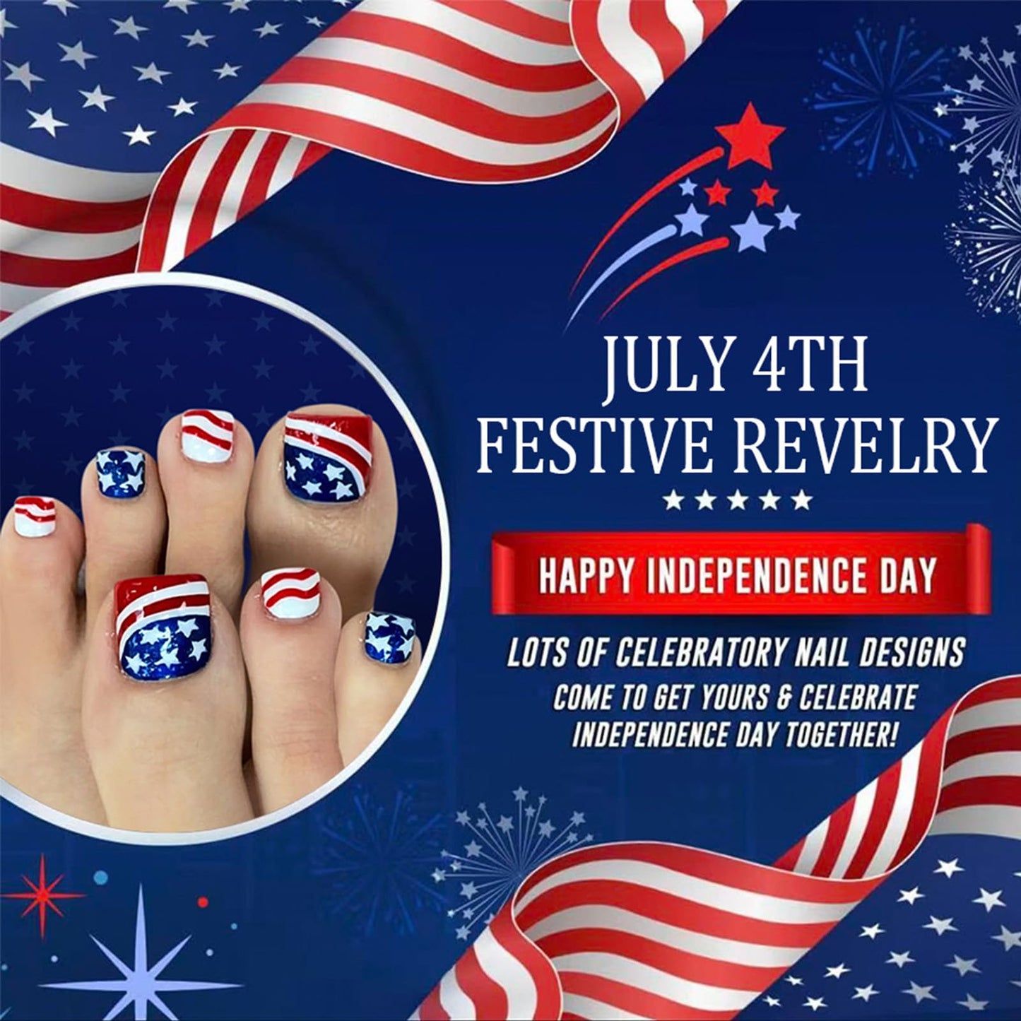 4th of July Press on Toenails Short Square Fake Toe Nails Red White Blue Glossy False Toenails Acrylic Toe Nail Press ons Independence Day Stars Stripes Stick on Nails for Women 24Pcs