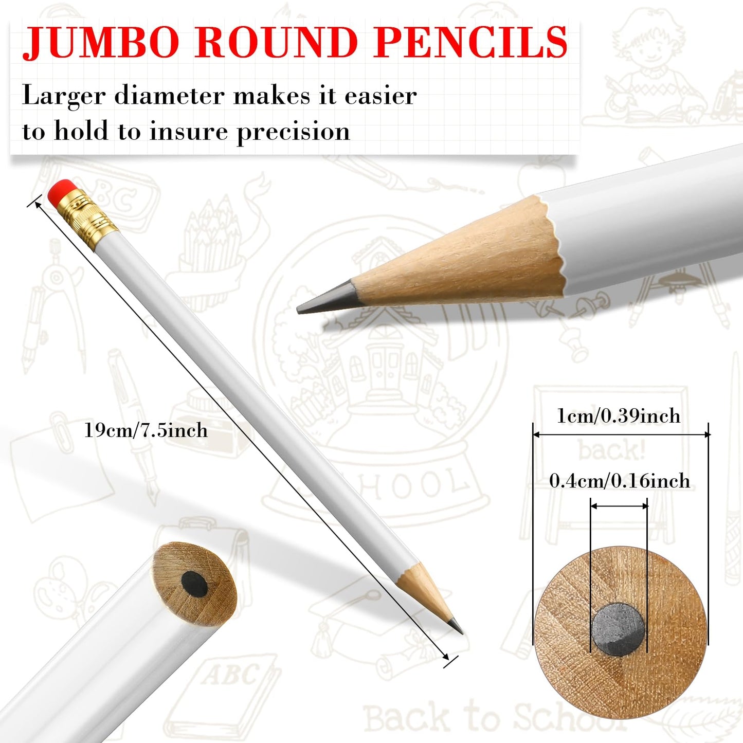 Fainne 48 Pcs Jumbo Pencil, Wooden Pencil with Black Core for Carpenters Construction Workers Woodworkers Framers Beginners Students Teachers DIY Project(White,Round)