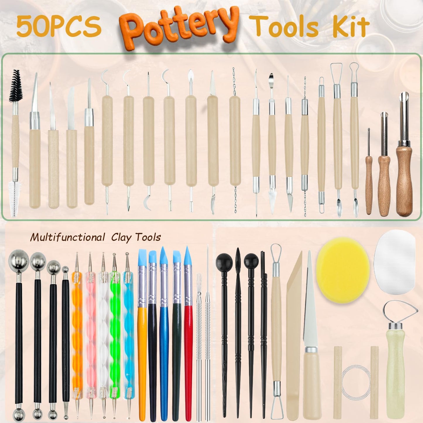 OMTRS Clay Sculpting Tools Kit, Pottery Clay Tools for Adult, Beginners and Artists, Pottery Carving Kit for Pottery, Dotting, Molding, Shaping (Natural)