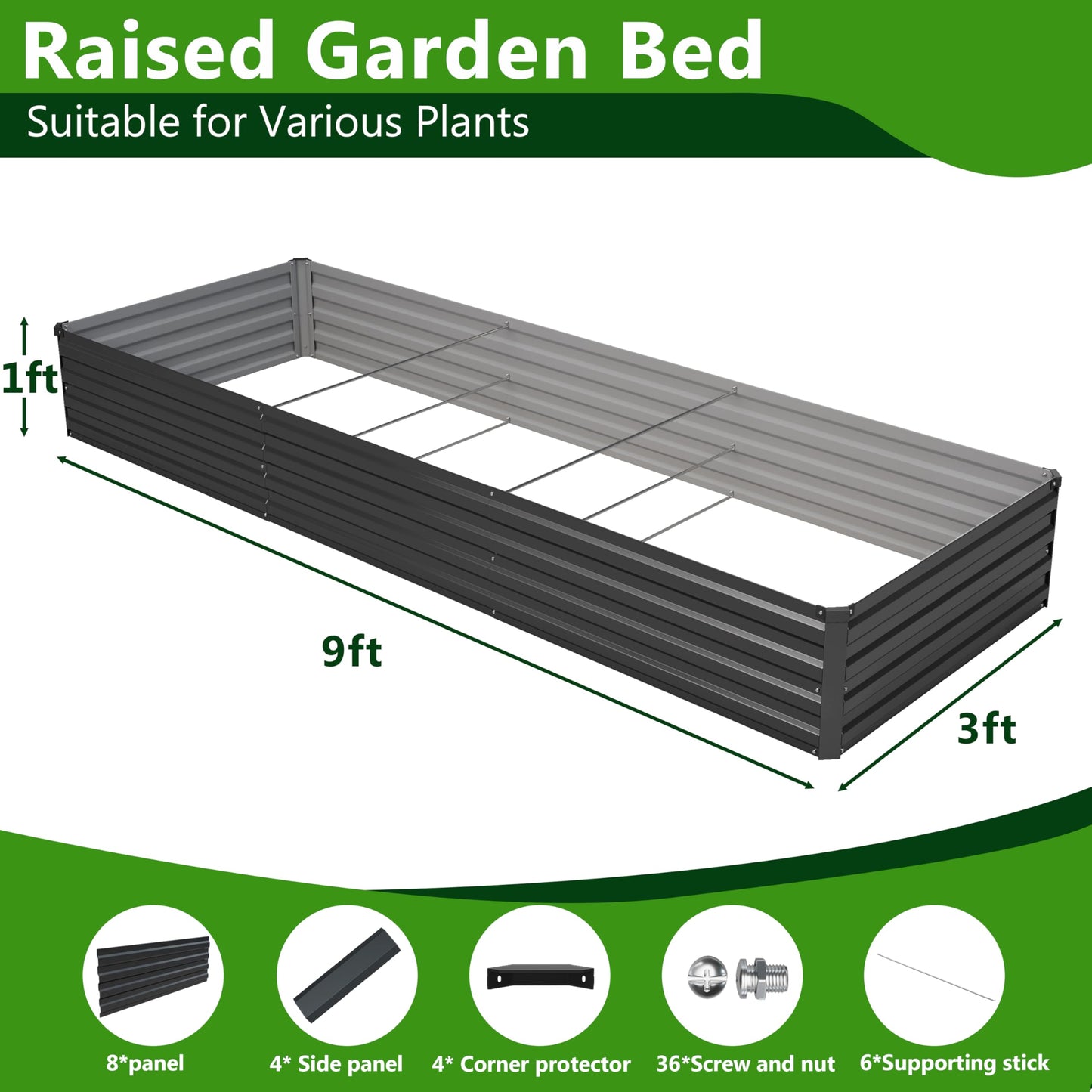 Easllre 2PCS 9x3x1ft Galvanized Raised Garden Bed,Outdoor Planter Box Metal Patio Kit Planting Bed for Vegetables Flowers Herb,Black
