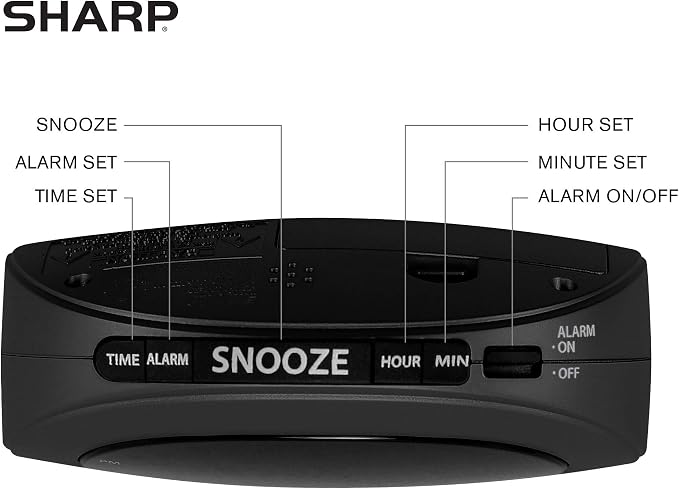 Sharp Small Digital Alarm Clock, Red LED, Snooze, 9V Battery Backup, Black
