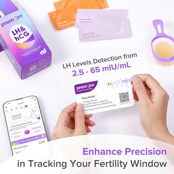 Premom Quantitative Ovulation & Pregnancy Test Kit with Sperm Friendly Fertility Lubricant: 25 LH + 5 HCG Strips + 2 Pee Cups + 2oz Lube | Accurate LH Tracking | pH Balanced | Works with Premom App.