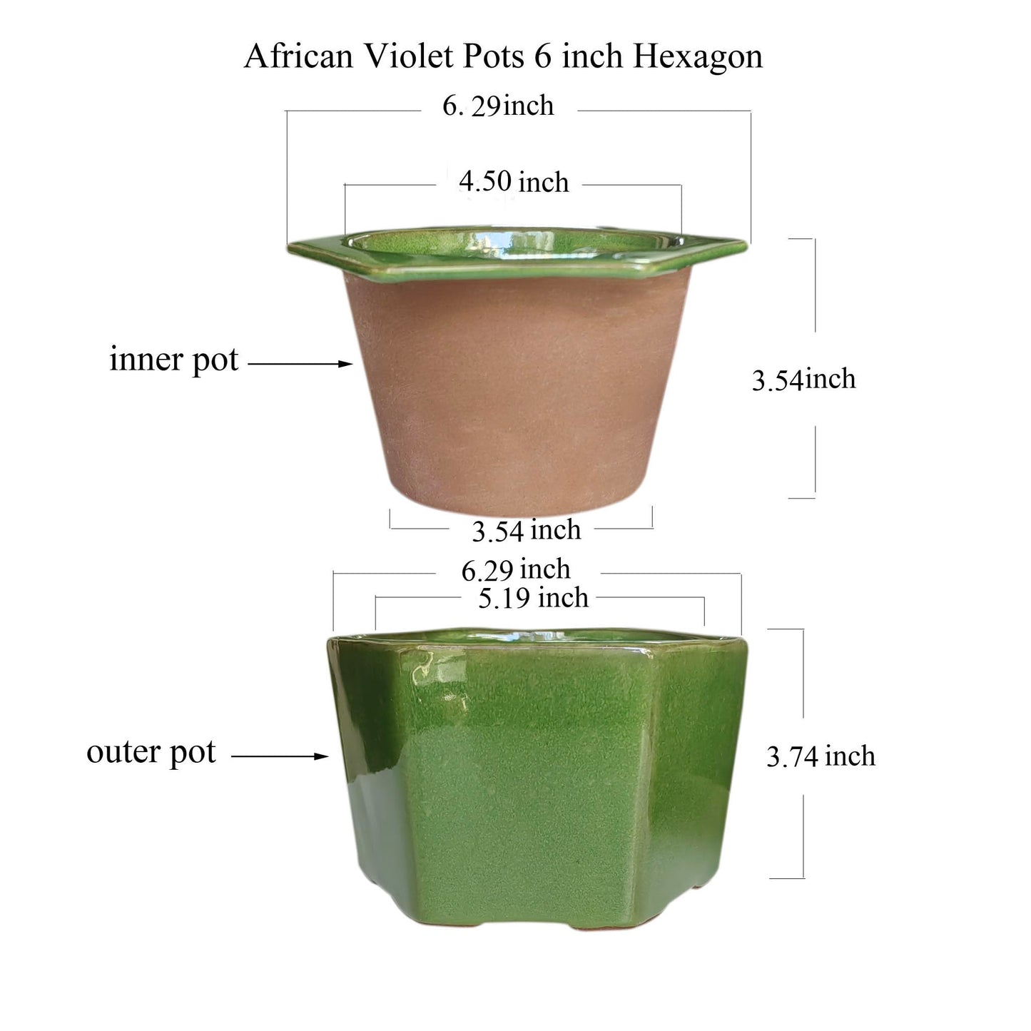 Dphagesy African Violet Pots 6 inch Hexagon Self-Watering Ceramic Pots 4.50'' Opening(Green)