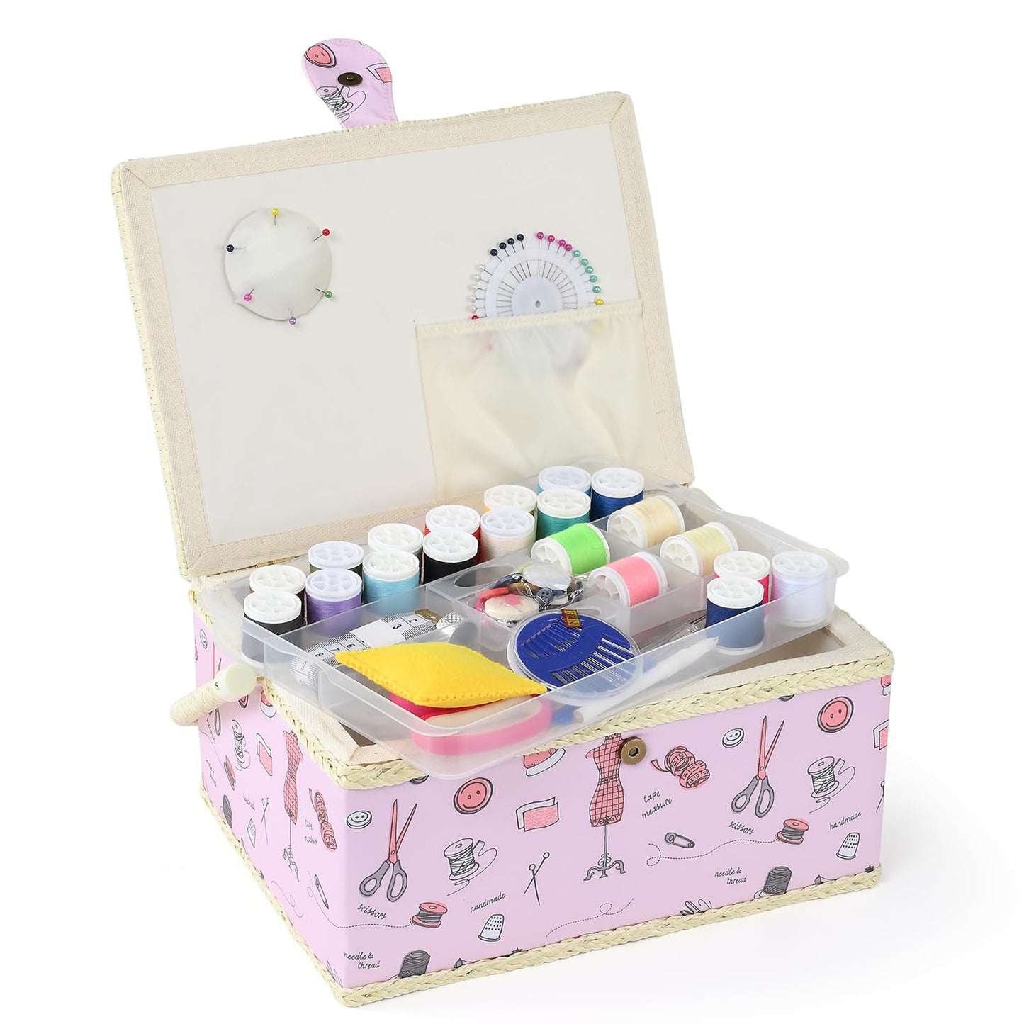 FOPUGT Sewing Basket - Large Sewing Box for Sewing Supplies, Sewing Organizer Box Sewing Kit Storage Christmas Gift for Sewing Enthusiast (Pastel Pink - Large)