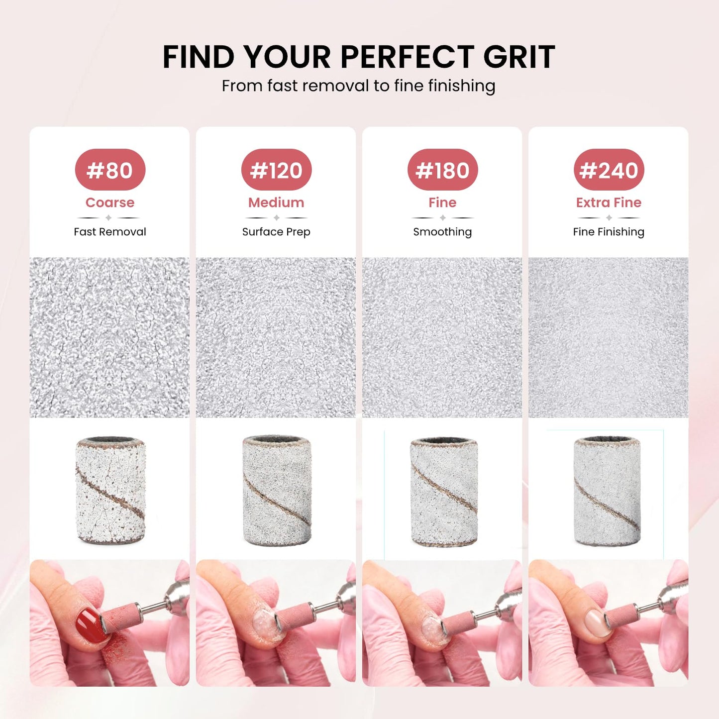 Lavinda 100 Psc Nail Drill Bits Sanding Bands for Nail Drill, 120 Grit Nail Bits for Nail Drill for Acrylic Shaping, Gel Polish Smoothing & Surface Refining Medium-White