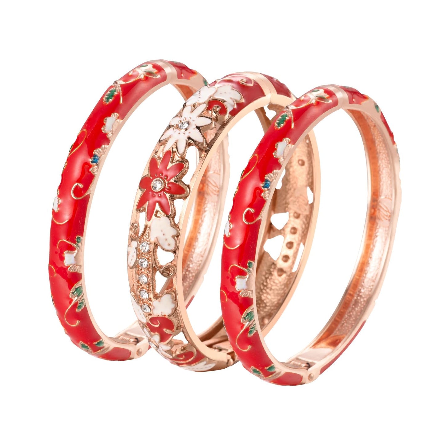 UJOY Vintage Jewelry Cloisonne Handcrafted Enameled Gorgeous Rhinestone Butterfly Gold Hinged Cuff Bracelet Bangles Gifts 88C11-3PCS red