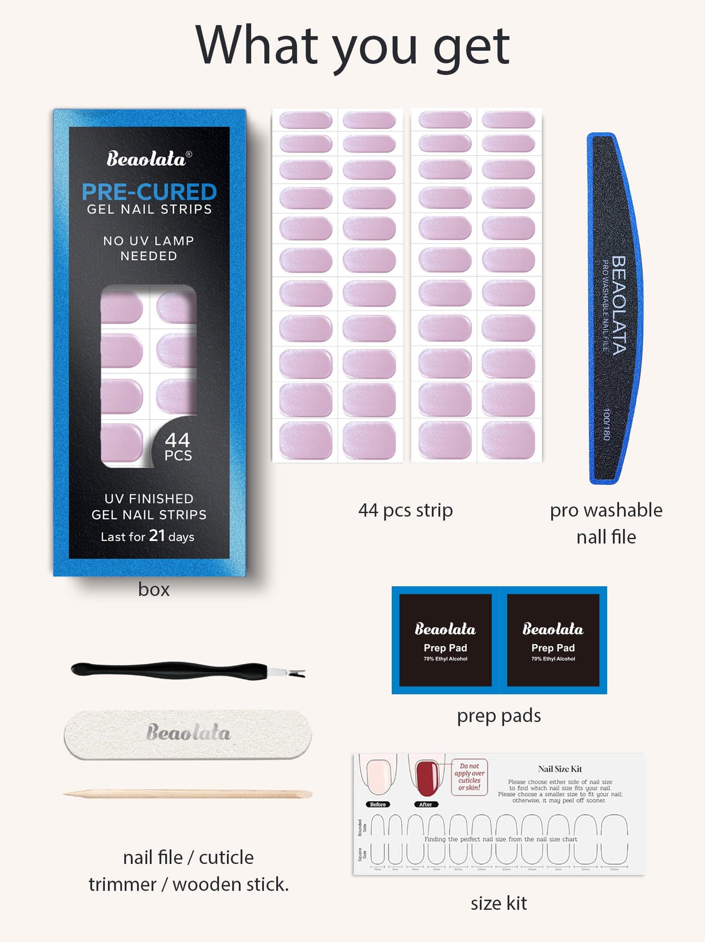 Beaolata Real Gel Nail Strips (No UV Light Needed) - 44Pcs Salon Quality Nail Stickers - Long Lasting Polish Wraps for Women, Easy Apply & Remove (Matte Sugar Pink)