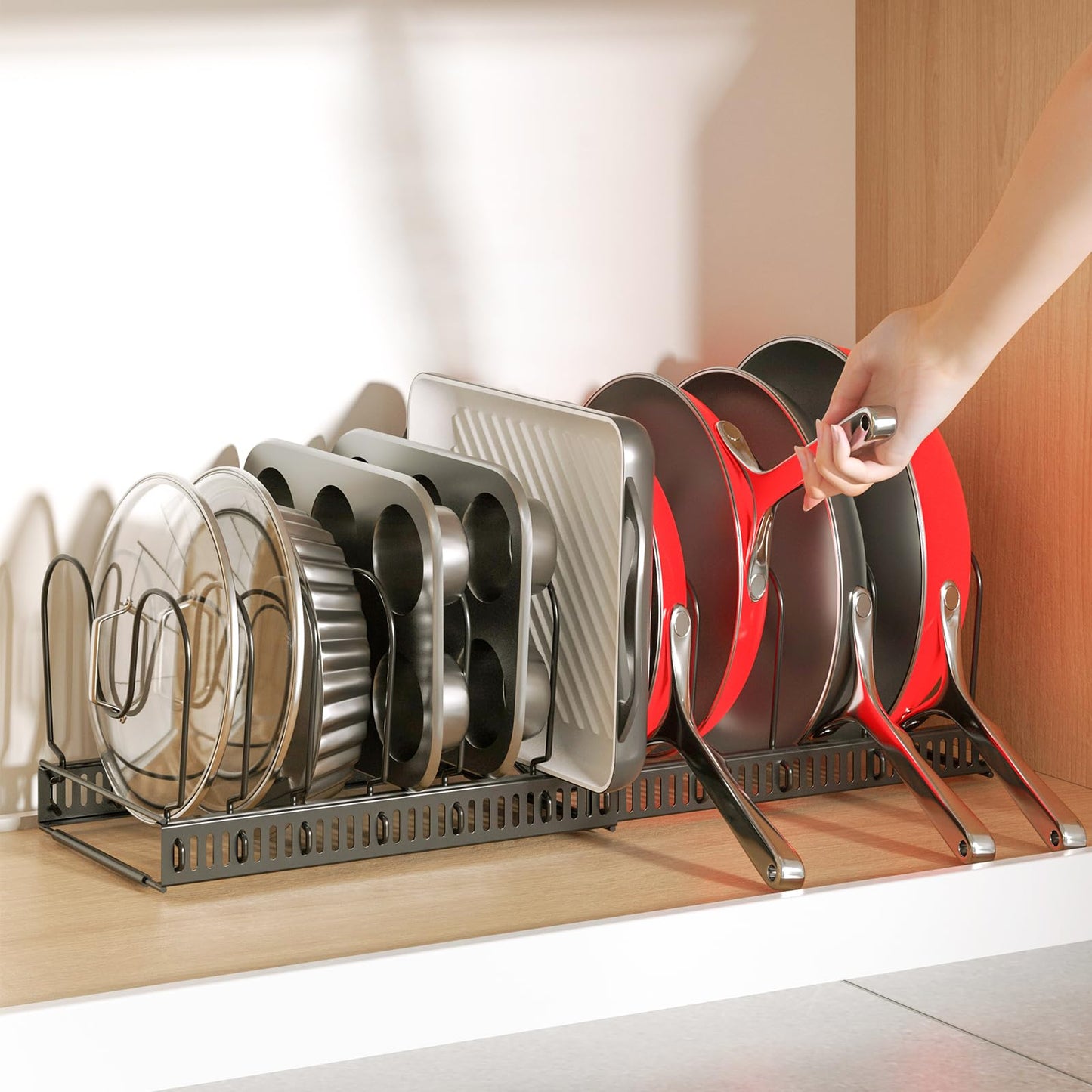 ORDORA Pots and Pans Organizer under Cabinet, Expandable 11.8"-22.8" Pot Lid Holder with 12 Adjustable Dividers, Pan Organizers inside Cabinet for Kitchen Cookware Bakeware, Black