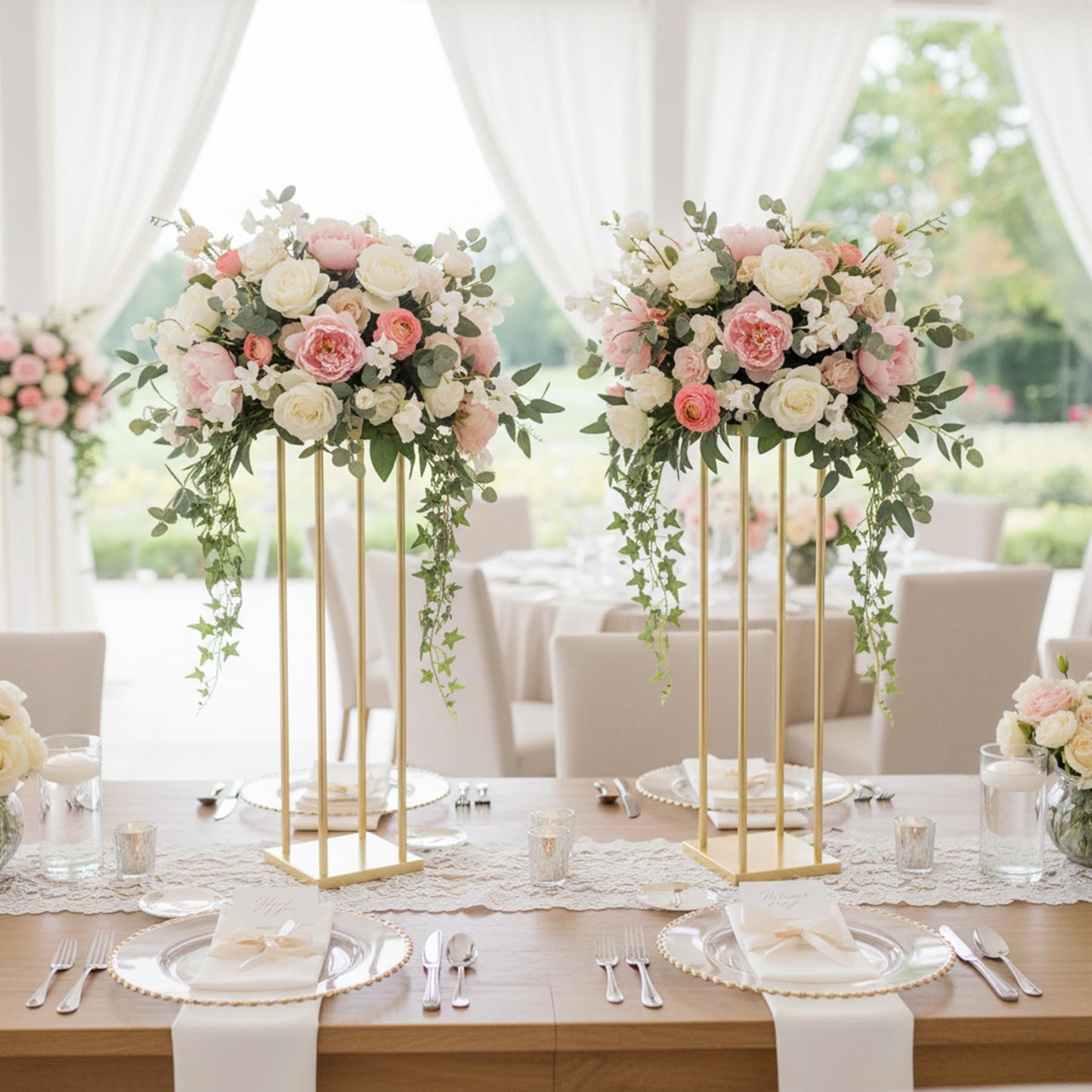 Geometric Gold Vases for Wedding Centerpieces - 31.5" Artificial Flower Display Stands, Set of 2 Elegant Flower Racks for Wedding Christmas Carnival Party Dinner Event Home Decor