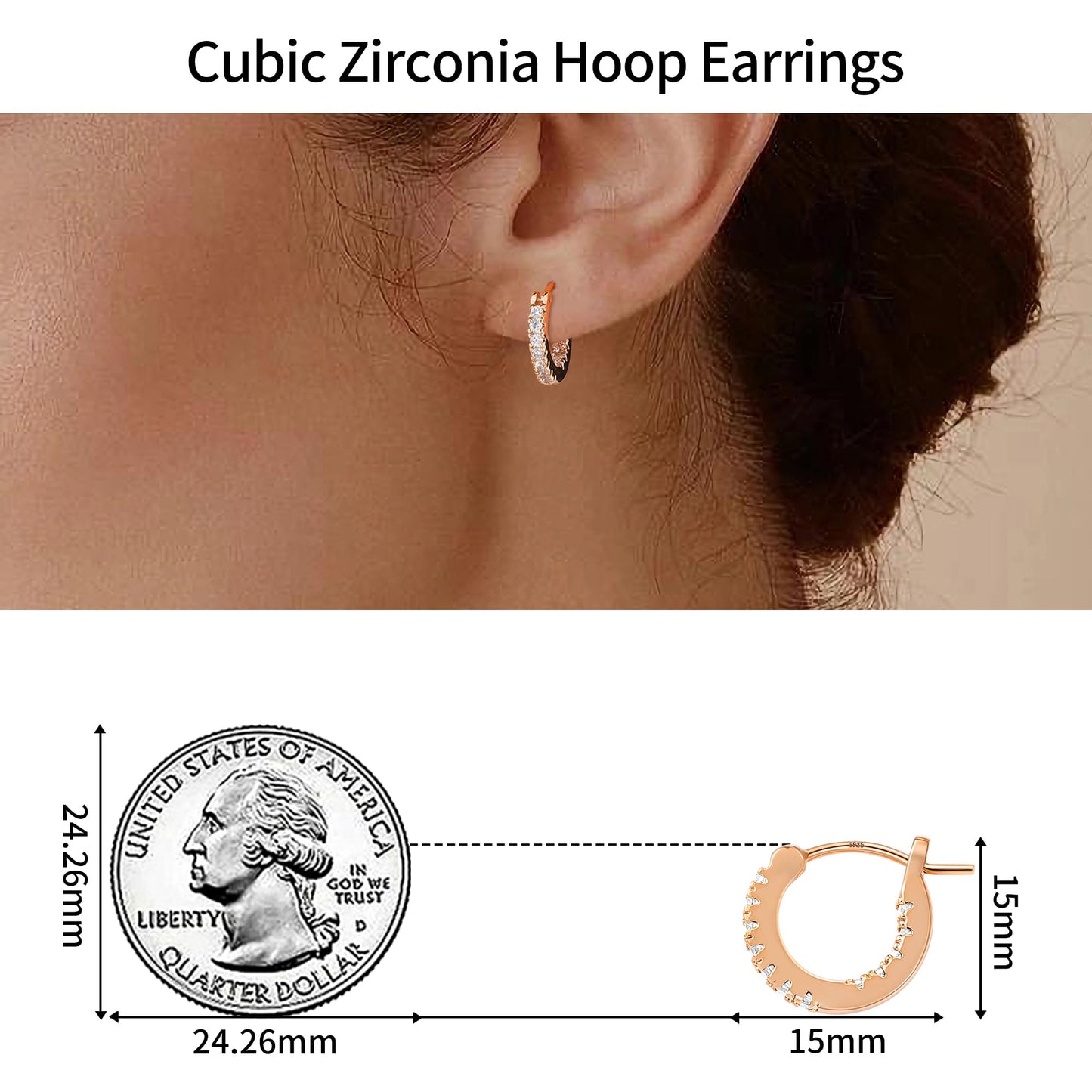 Gacimy Rose Gold Hoop Earrings for Women, 15mm Cubic Zirconia Rose Gold Hoop Earrings, 14k Rose Gold Plated Hoop with 925 Sterling Silver Post