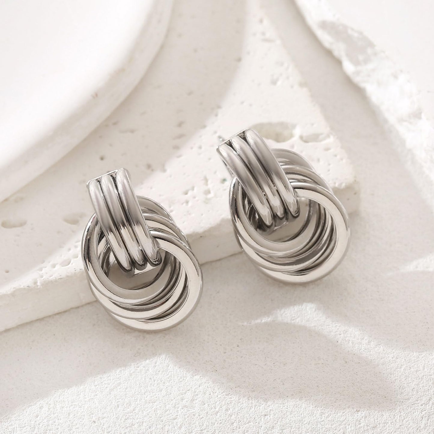 Chunky Silver Drop Earrings for Women - Minimalist Knot Earrings, Trendy Geometric Dangle Statement Earring Jewelry