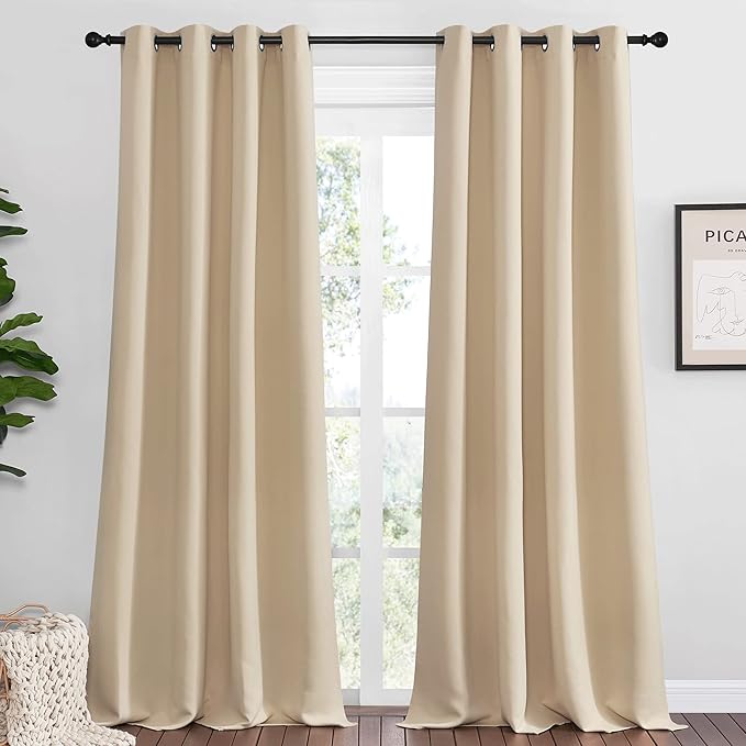 NICETOWN Bedroom Blackout Curtains Panels, 1 Pair, 55 inches by 92 Inch, Biscotti Beige, Triple Weave Energy Saving Thermal Insulated Solid Grommet Blackout Draperies for Patio