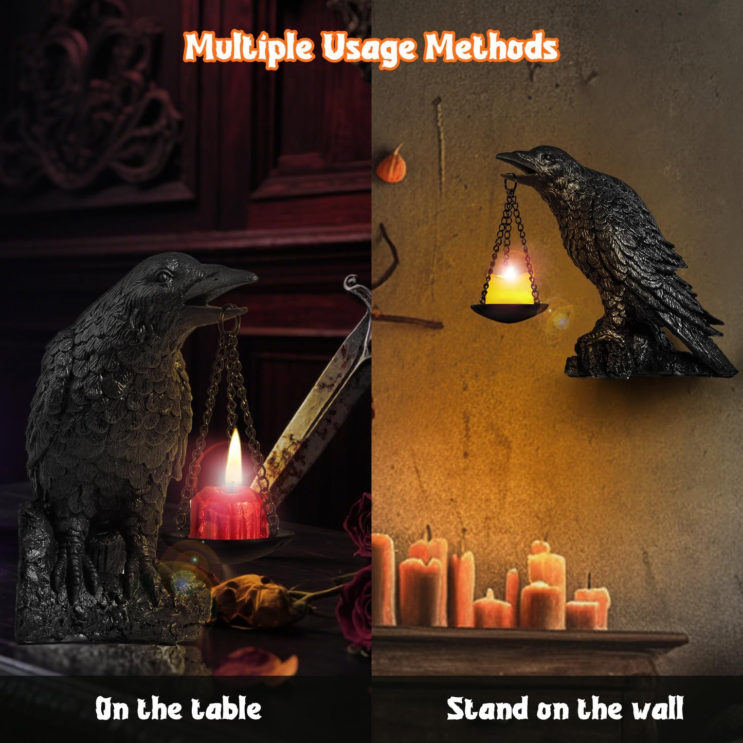 Gothic Crow Wall Art Decor Outdoor Wall Sconce Raven lamp Table Candle Holder Halloween Wall Decor for Patio Garden Bedroom Resin Tealight Statue Black