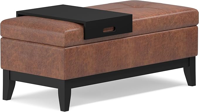 SIMPLIHOME Oregon 42 inch Wide Transitional Rectangle Storage Ottoman Bench with Tray in Distressed Saddle Brown Vegan Faux Leather, Assembled, For the Living Room, Entryway and Family Room