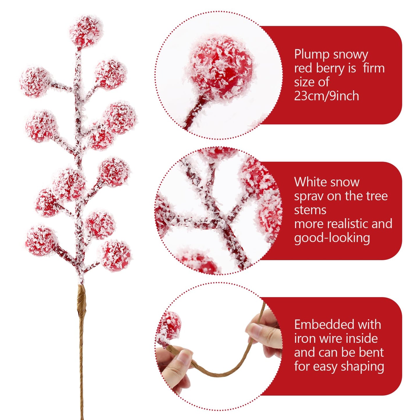 Sherika 24 Pcs Artificial Christmas Snowy Holly Berry Stems 9" Red Frosted Berries Picks and Sprays for Christmas Tree Decorations Ornaments, DIY Craft Wreath Making Supplies Christmas Tree Decor