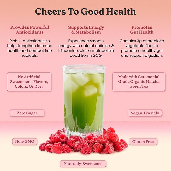 Fit & Lean Matcha Amore Iced Tea, Organic Ceremonial Grade Matcha Green Tea, Prebiotic Fiber, L-Theanine, Naturally Sweetened, NON-GMO, Zero Sugar, Raspberry Iced Tea, 10 Stick Packs