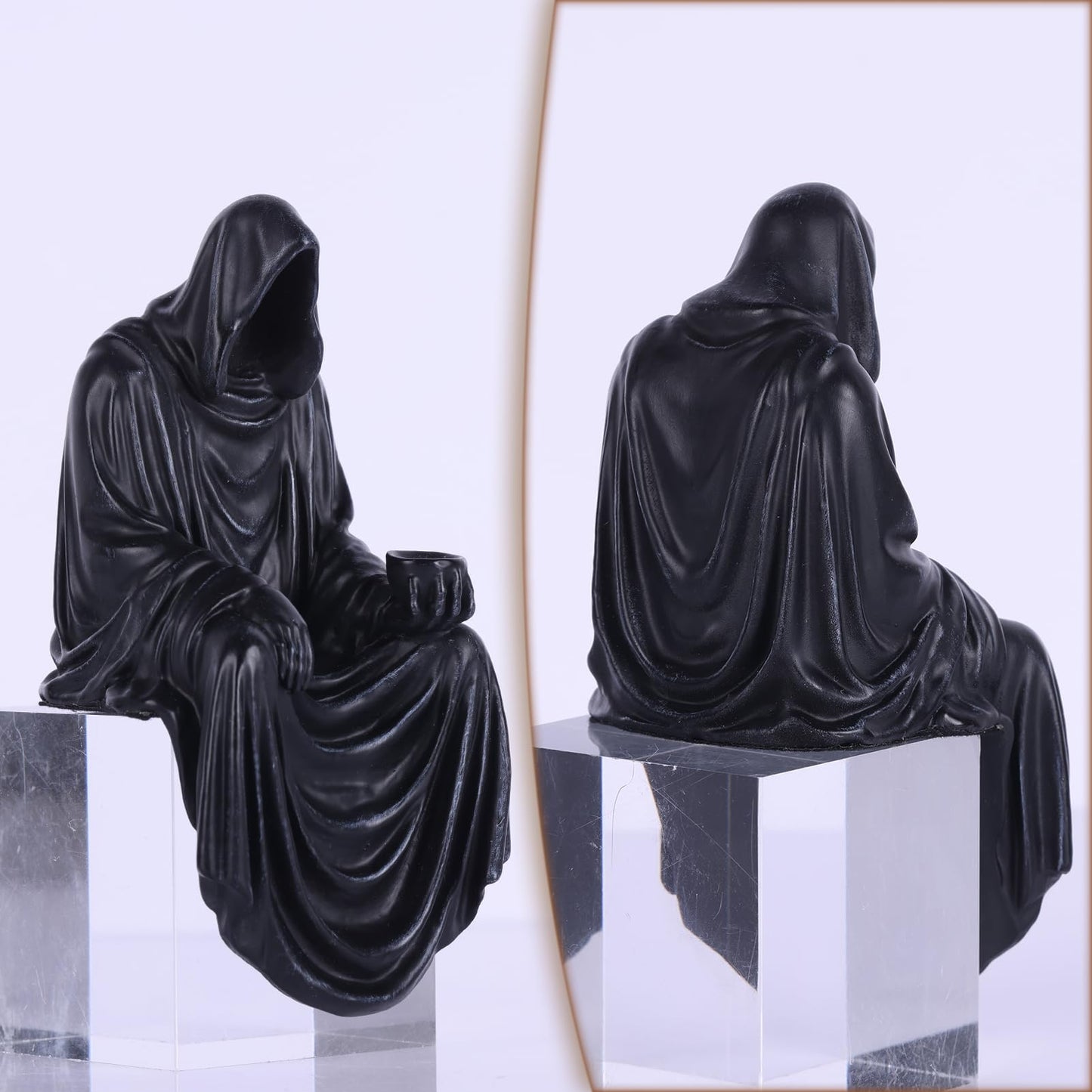 XIAOMAGG Mini Grim Reaper Figurine-Gothic Spooky Sculpture for Garden or Bookshelf,4.7 Inch Hand-Painted Resin Black Robe Mystery Halloween Decor Statue,Tabletop Gothic Decor Sitting Statues