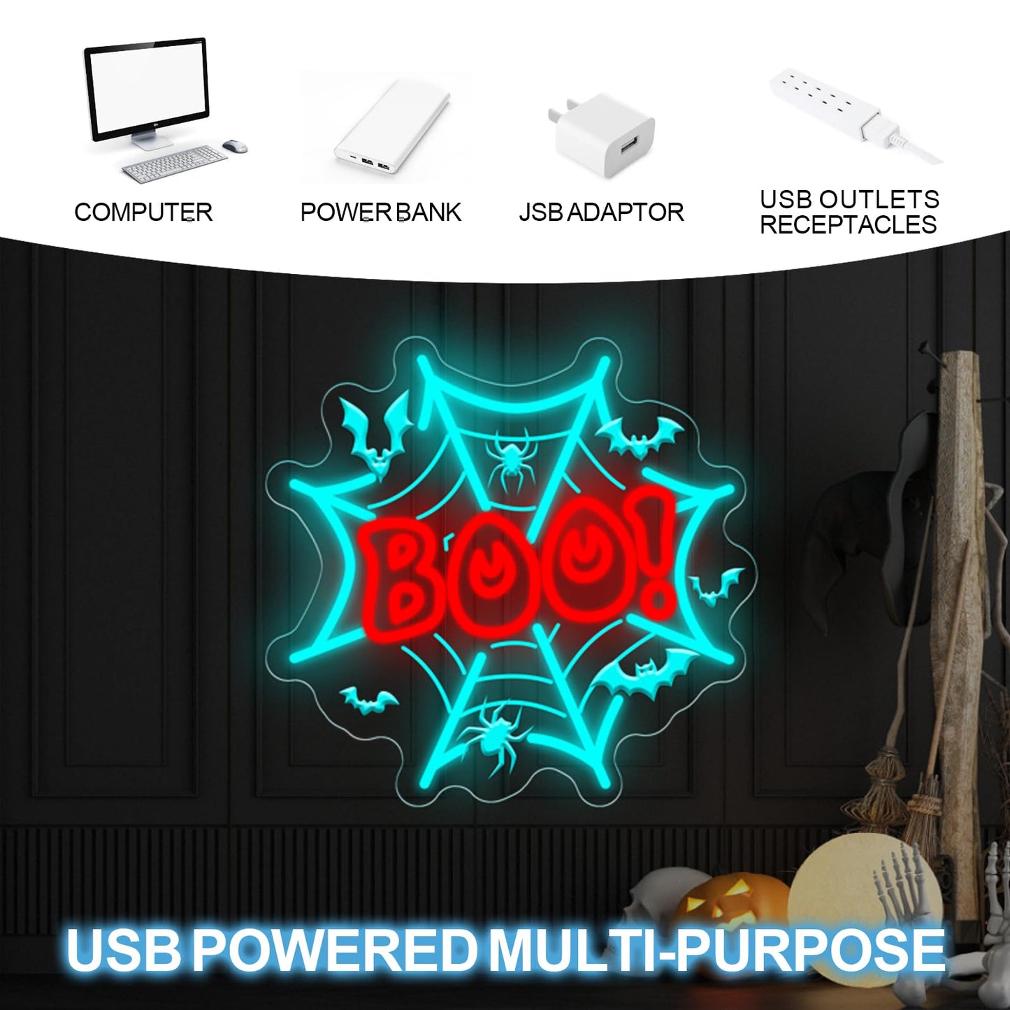 Boo Neon Sign Halloween Decors Spider Web LED Light Bats Decors Boo Dripping Sign Spooky Haunted House Party Wall Art, Ice Blue+Red, 13.8"x13.2"