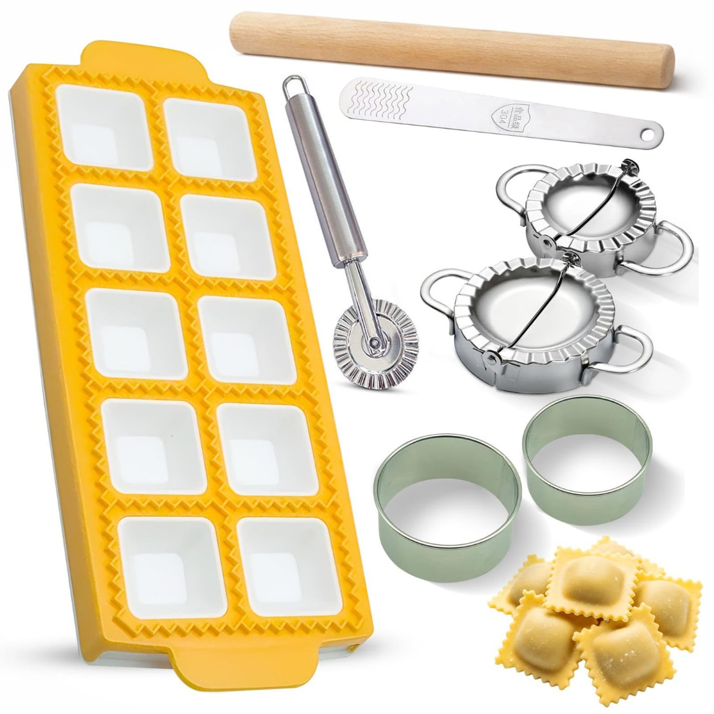 Ultimate Ravioli Maker Press & Dumpling Maker Kit - 10-Hole Ravioli Mold, Pasta Roller, Pastry Wheel & Pierogi Press - Stainless Steel Empanada Maker Machine & Pasta Making Tools for Kitchen (Square)