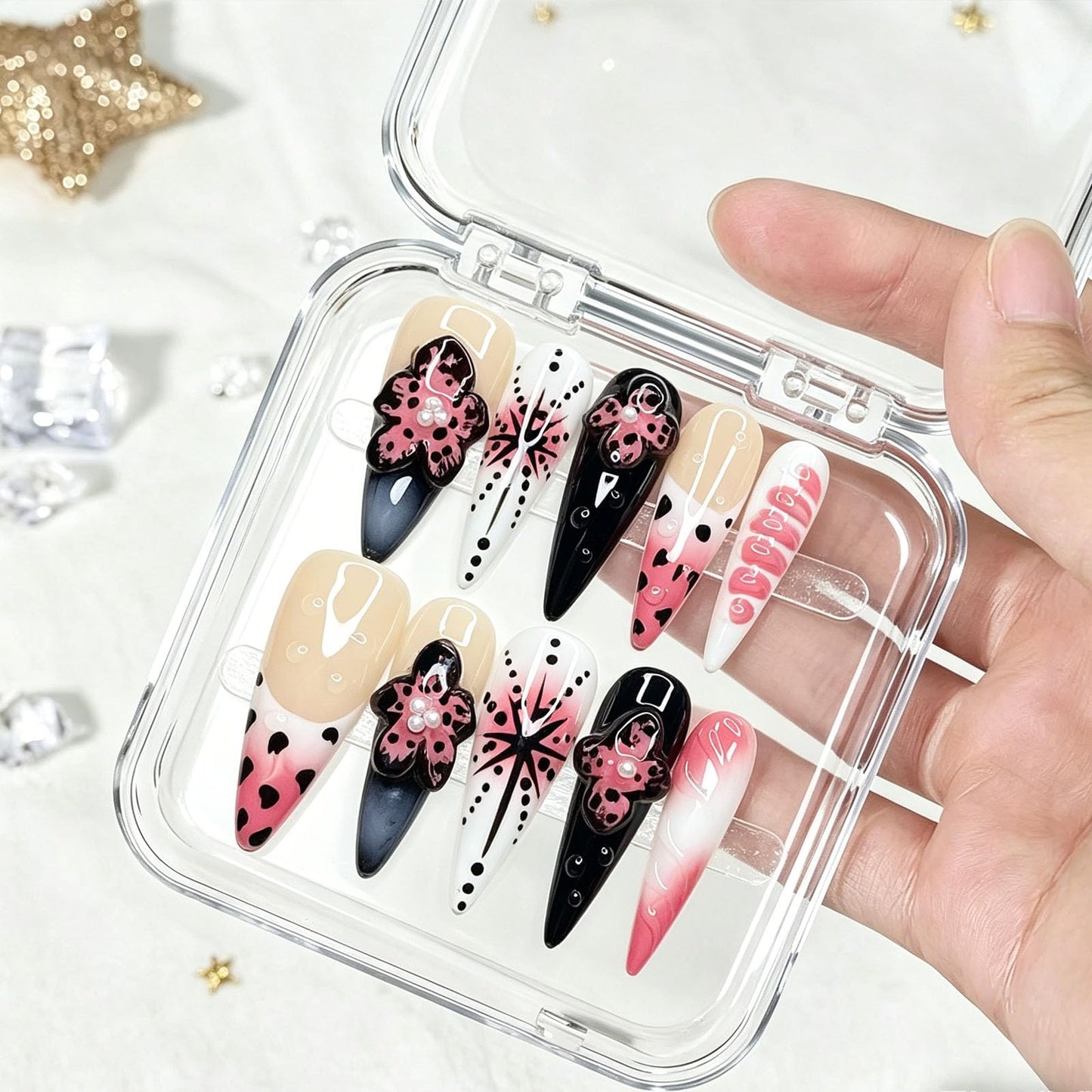 10 Pcs Handmade Press on Nails Long Stiletto Fake Nails with Design 3D Flower False Nails Leopard Print French Tip Acrylic Press Ons Nails Long Stiletto Nail Art for Women Party - Size M