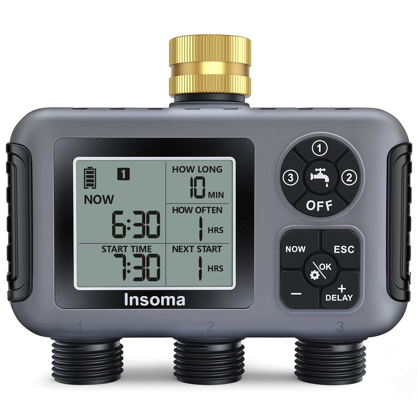 Insoma Water Timer with Brass Inlet, 3 Independent Zones Outdoor Hose Timer for Garden Faucet with Auto/Manual/Rain Delay Mode, IPX5 Waterproof, Sprinkler Irrigation Controller for Yard Lawn