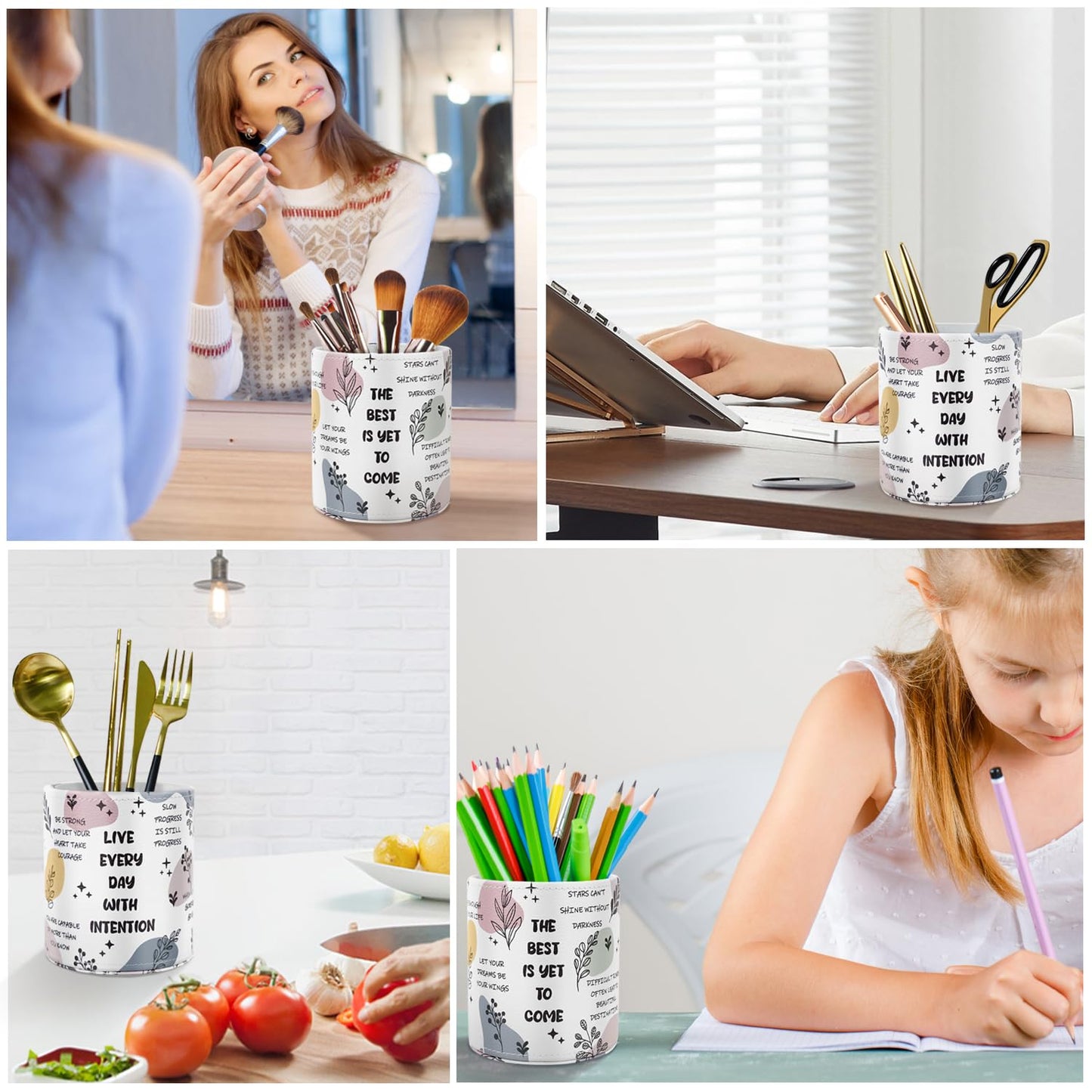 WAVEYU Desk Pen Holder Organizer Cute, Pencil Holder Cup, Makeup Brush Holder Large Pu Leather, Multi-Functional Organizer for Office, for Teens Adults Student, Inspiring Words Pattern