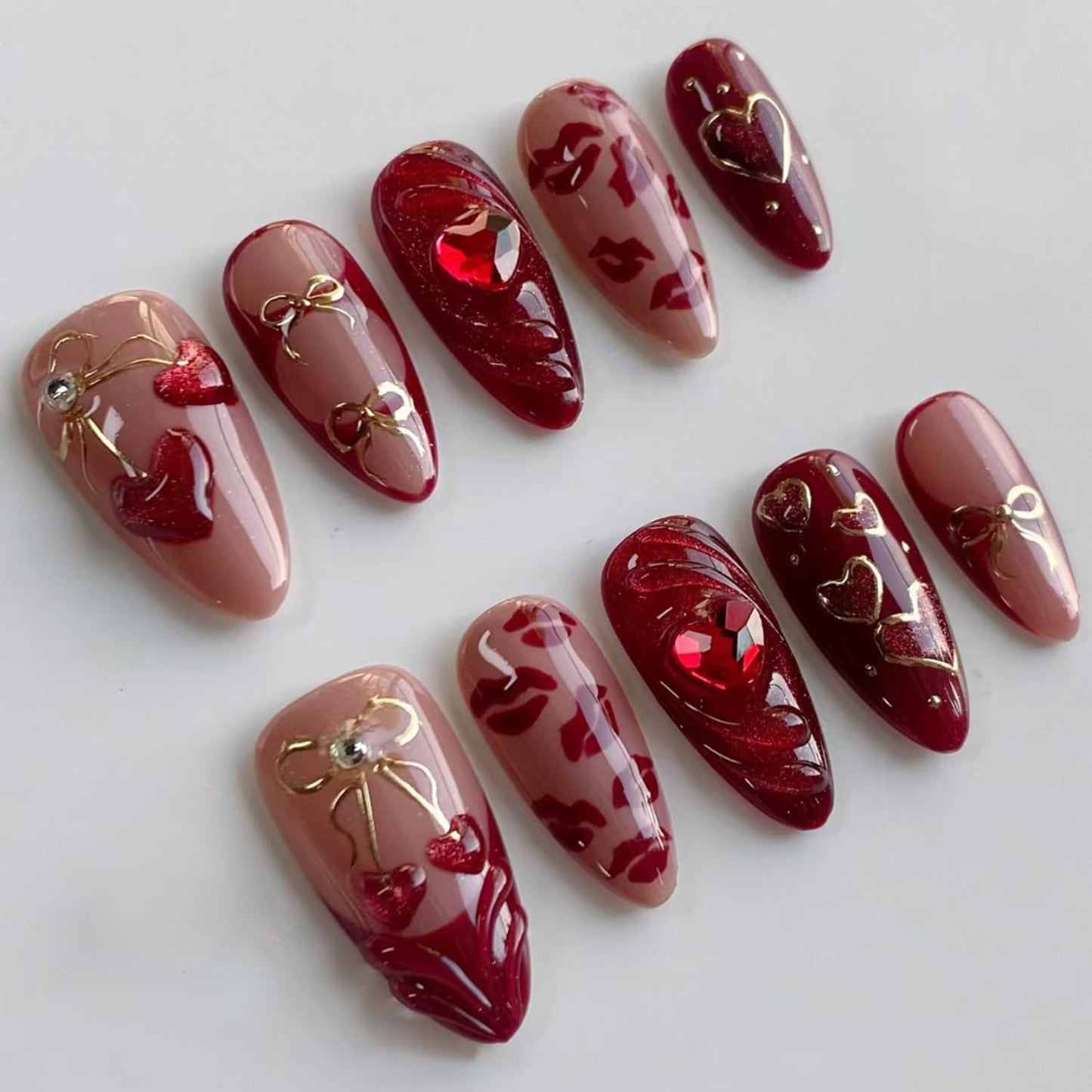 Press on Nails Medium Oval Artificial Acrylic Fake Nails French Red 3D Cherry Hollow Bow with Love Heart Rhinestones Stick on Nail Full Cover Reusable Coffin Artificial Fingernails for Women Manicure