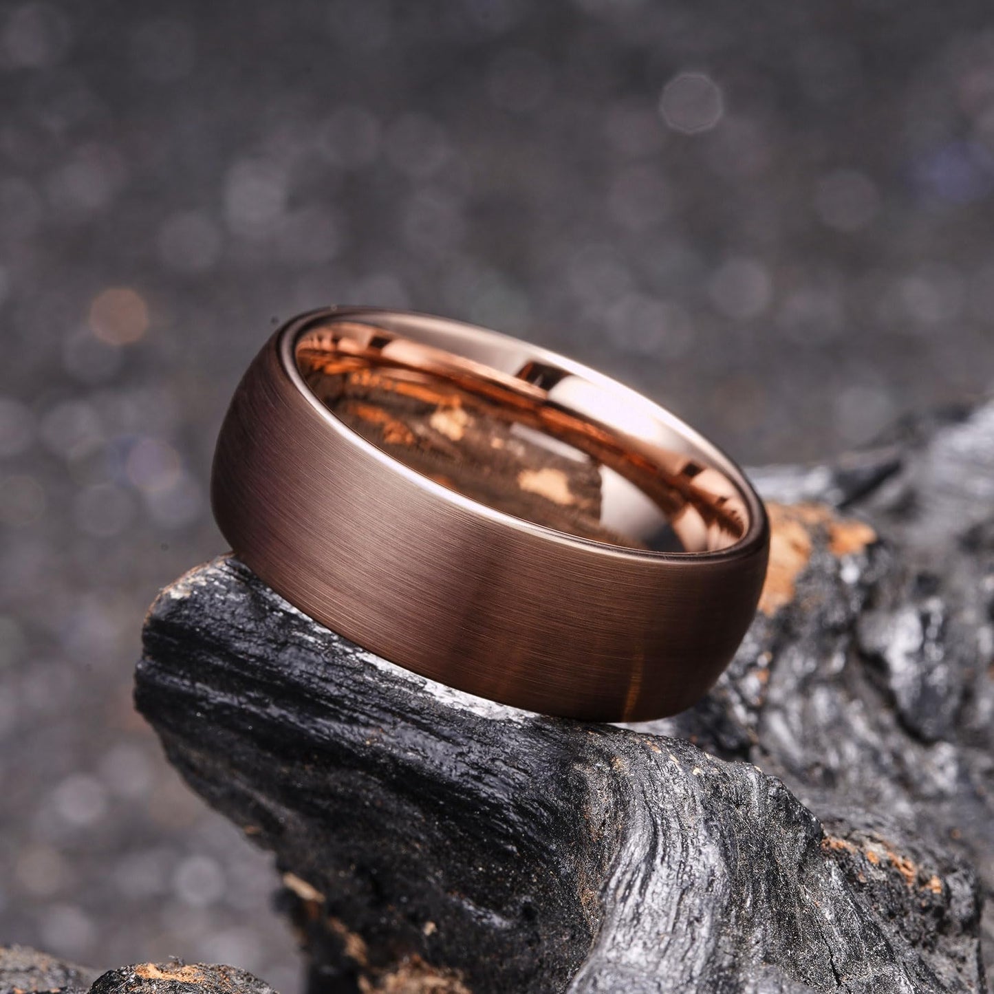 King Will 8mm Brown and Rose Gold Wedding Band for Men Women, Domed Brushed Tungsten Carbide Rings, Comfort Fit, Size 10.5