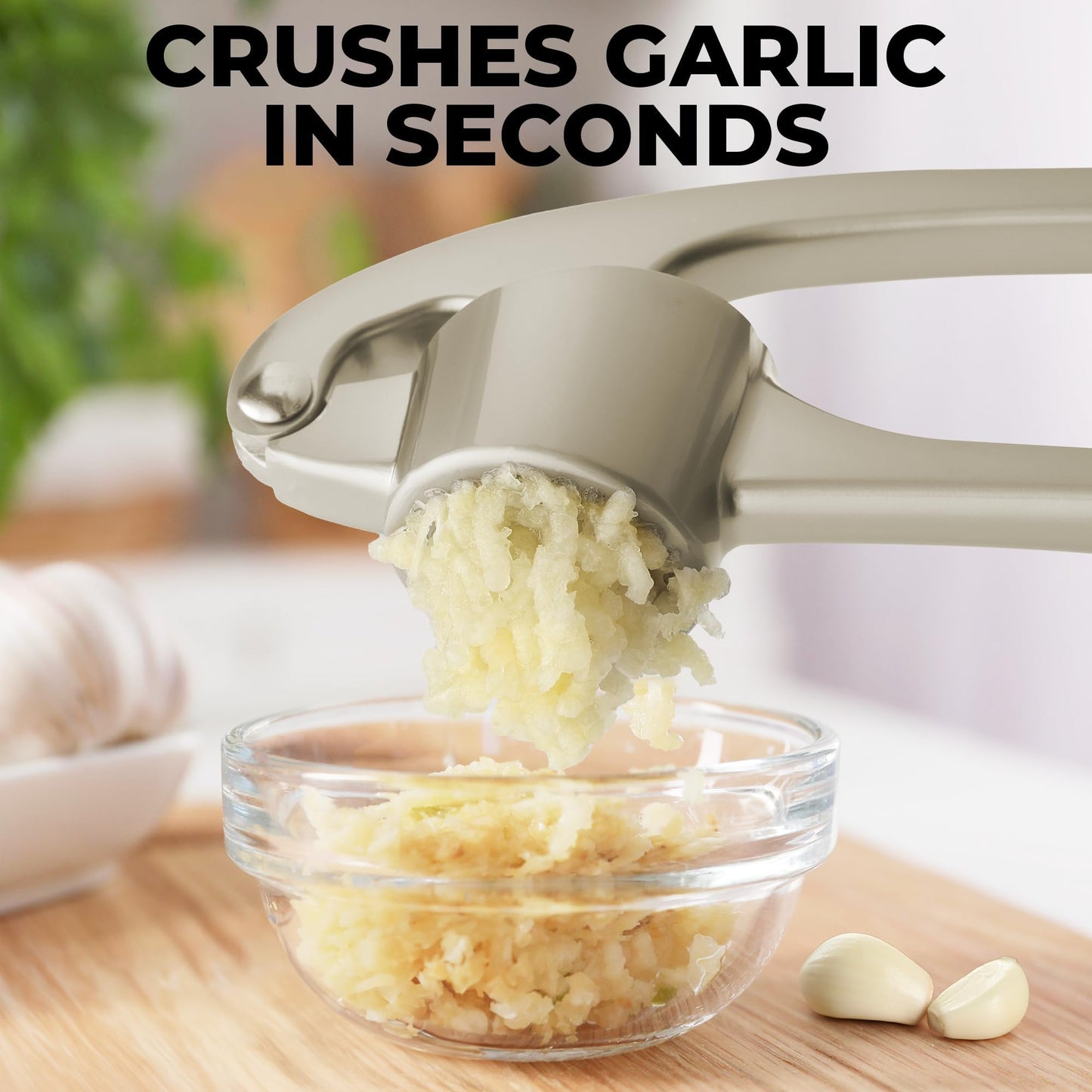 Zulay Kitchen Large Premium Garlic Press Set - Bigger Bowl for Bigger Garlic - Rust Proof Garlic Mincer Tool - Easy-Squeeze, Easy-Clean Silicone Garlic Peeler & Brush (Silver)