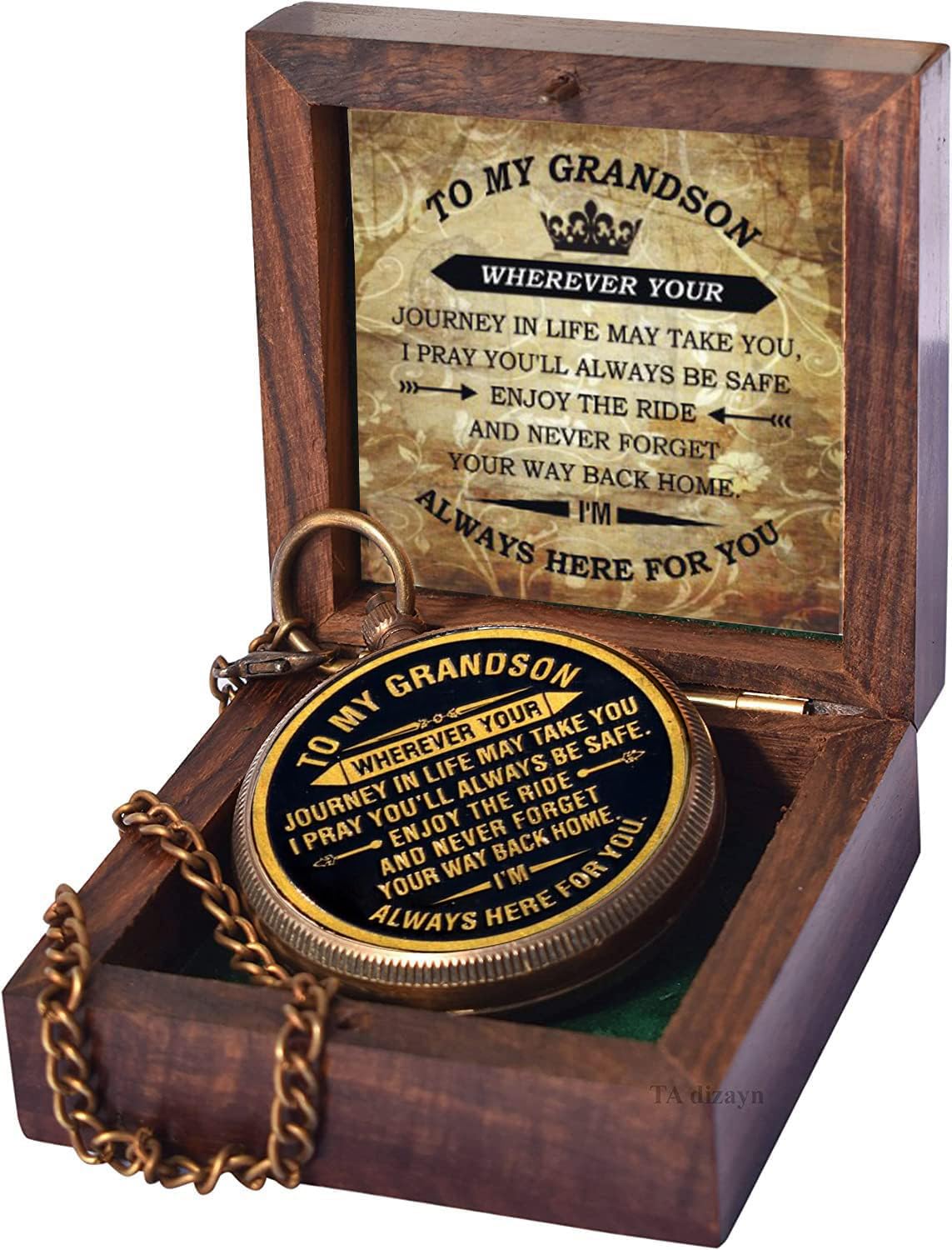Gift for Grandson Brass Compass with Box Engraved Quote | Memory Present to My Grandson Birthday, Baptism, Graduation, Confirmation, Love, Gift idea by Grandpa Grandma, Greeting Card