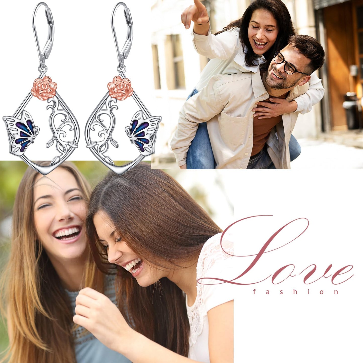 SHAOAN Butterfly Rose Dangle Drop Earrings 925 Sterling Silver Leverback Earring Jewelry Gifts for Women