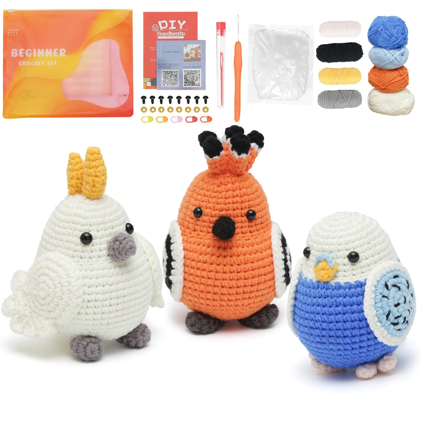 GONELYON Crochet Kit for Beginners, Crochet Kit for Beginners Crochet Starter Kits for Adults and Kids with Step by Step Video, 3 Kawaii Parrots DIY Yarn Plush
