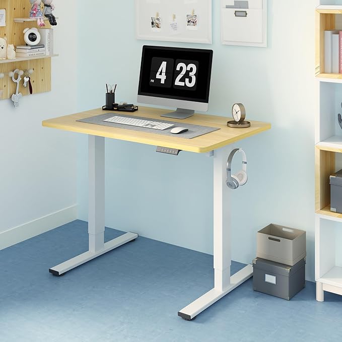 FLEXISPOT EN1 One-Piece Standing Desk 40 x 24 Inches Height Adjustable Desk Electric Sit Stand Up Desk Home Office Desks Computer Workstation (White Frame + Maple Desktop)