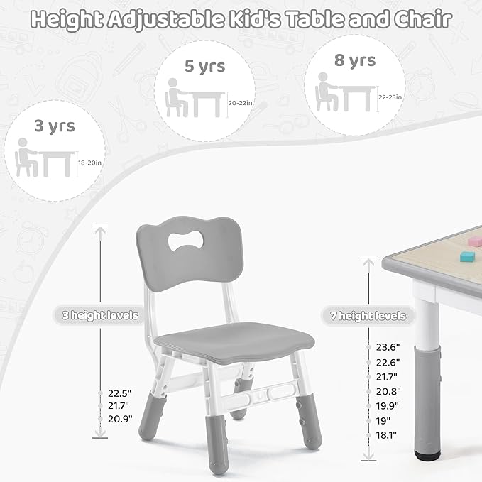 Adjustable Kids Table Chairs Set – Graffiti Desktop, Multi-Activity Height-Adjustable Toddler Study Desk for Ages 3-8 – Ideal for Home, Classroom, Daycare (W-Gray, 2 Chairs-23.6" L x 23.6" W)