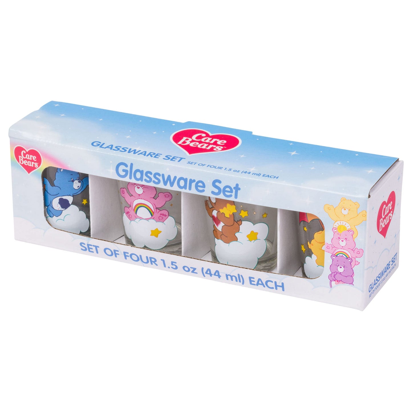 Silver Buffalo Care Bears on Clouds Featuring Funshine, Tenderheart, Cheer, and Grumpy Bear 4 Pack Mini Glass Set, 1.5 Ounces