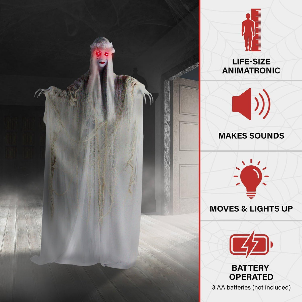 Haunted Hill Farm Life-Size Scary Ghost Bride, Halloween Animatronic with Touch Activated Lights and Sound, Battery Operated Indoor or Covered Outdoor Halloween Decorations, Creepy Halloween Prop