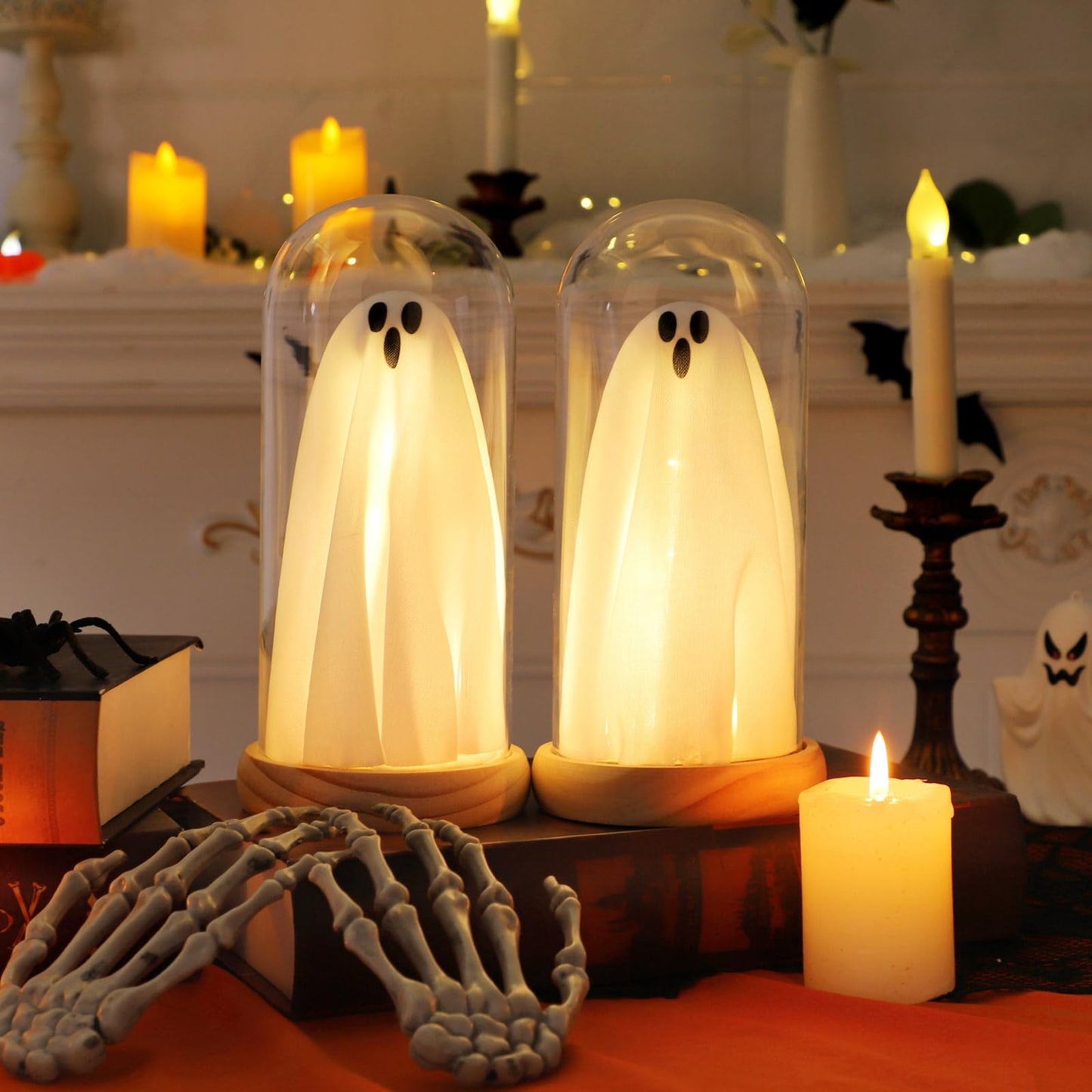 Halloween Decorations Indoor, Light Up Ghosts in Glass Domes with Wood Base, Cute Halloween Decor for Table, Fireplace, Bookshelf – Spooky Halloween Decor Kit (2 Pack)