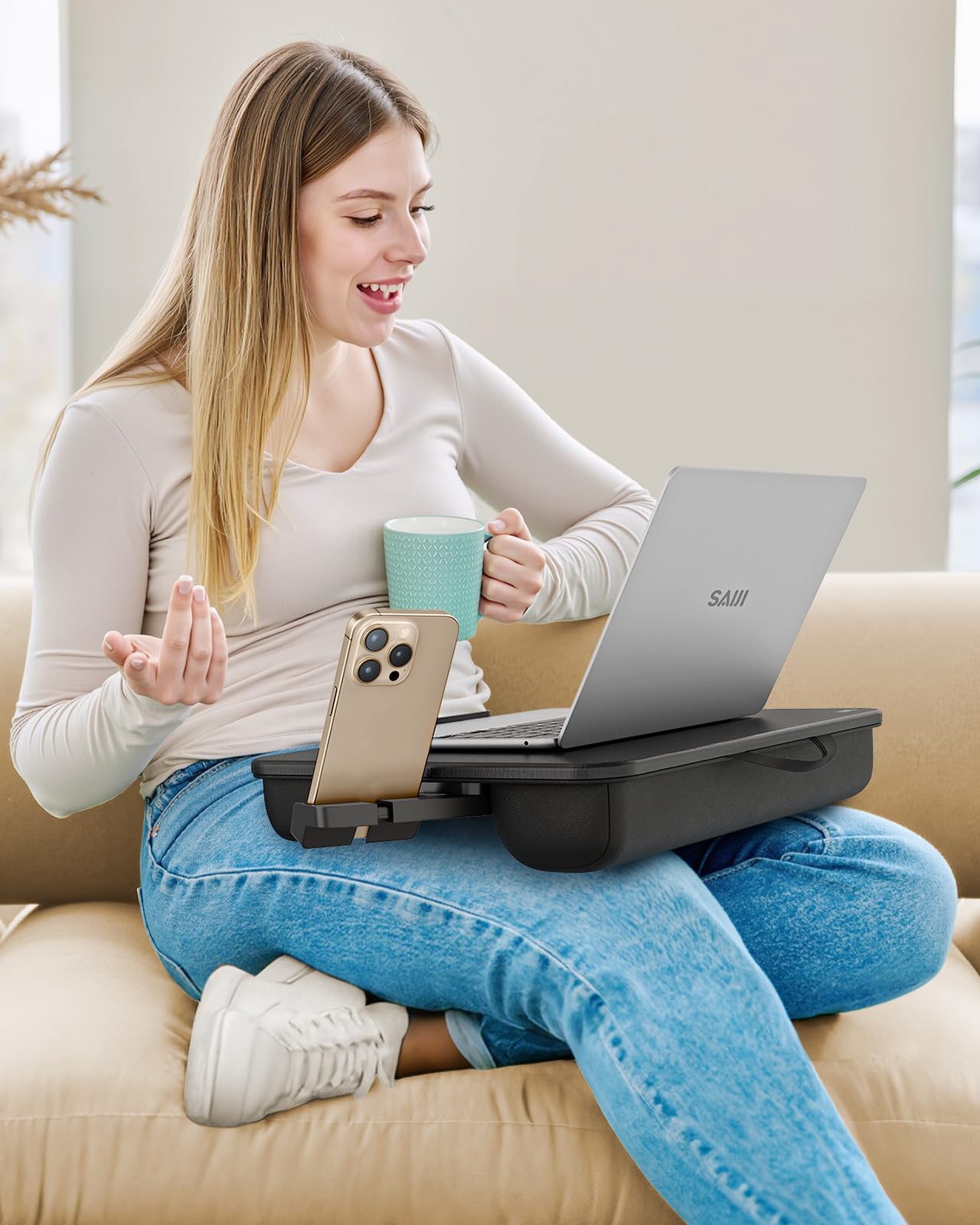 SAIJI Laptop Lap Desk, Portable Laptops Tray with Cushion, Drawer Storage, Phone Holder, 12mm Thickened Panel,Carry Handle, Computer Laptop Stand for Bed Fits Up to 15.6 Inch Laptops
