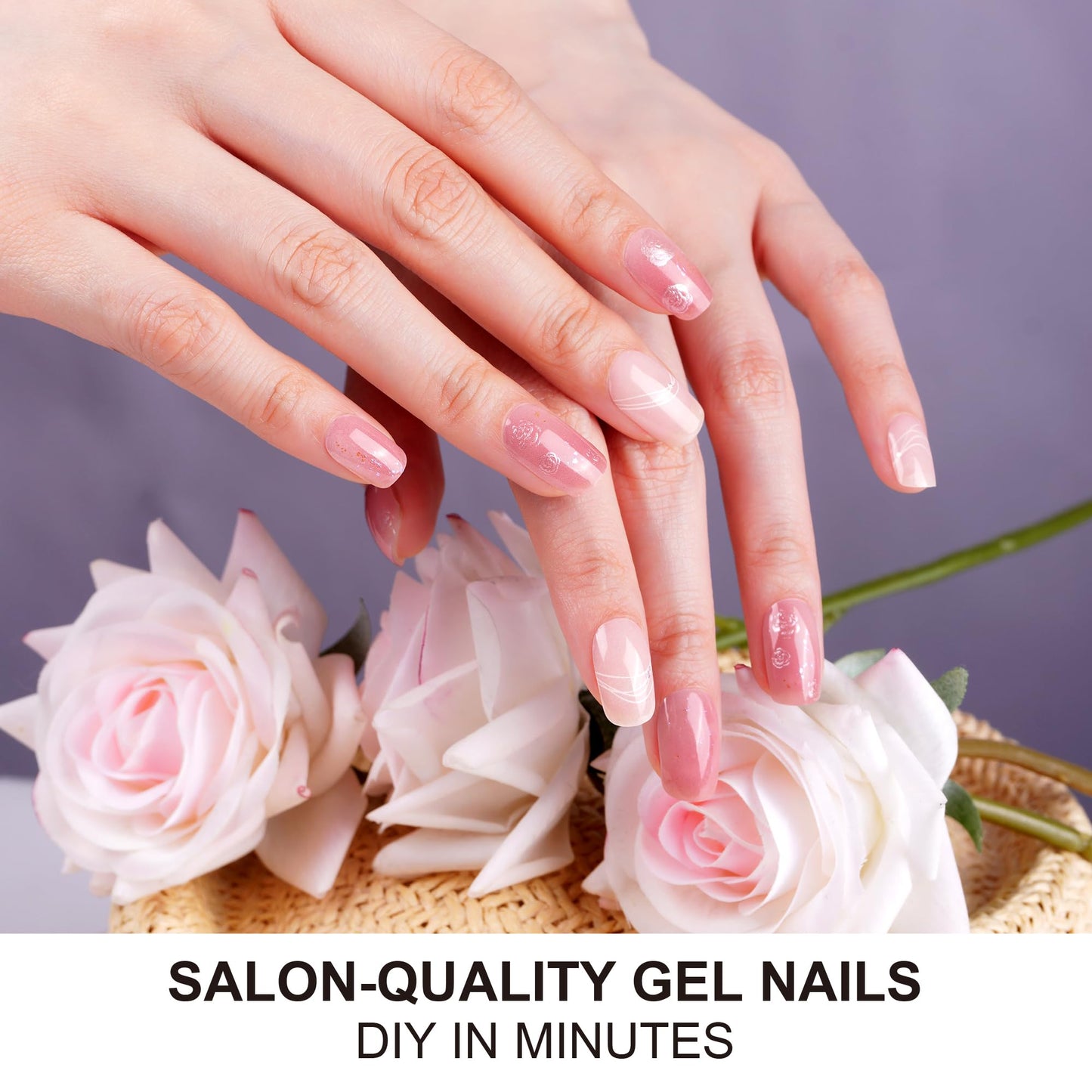 DANNI & TONI Semi Cured Gel Nail Strips Floral (Petal Kiss) Pink White Ombre Gel Nail Wraps 28 Stickers