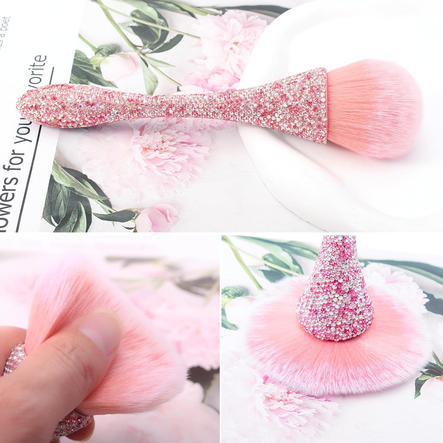SILPECWEE 1pc Pink Nail Brush for Cleaning Fingernails, Nail Dust Powder Remover Brushes, Soft Nail Art Brush Inlaid Clear Crystal Acrylic Nail Brush Cleaner Makeup Tool