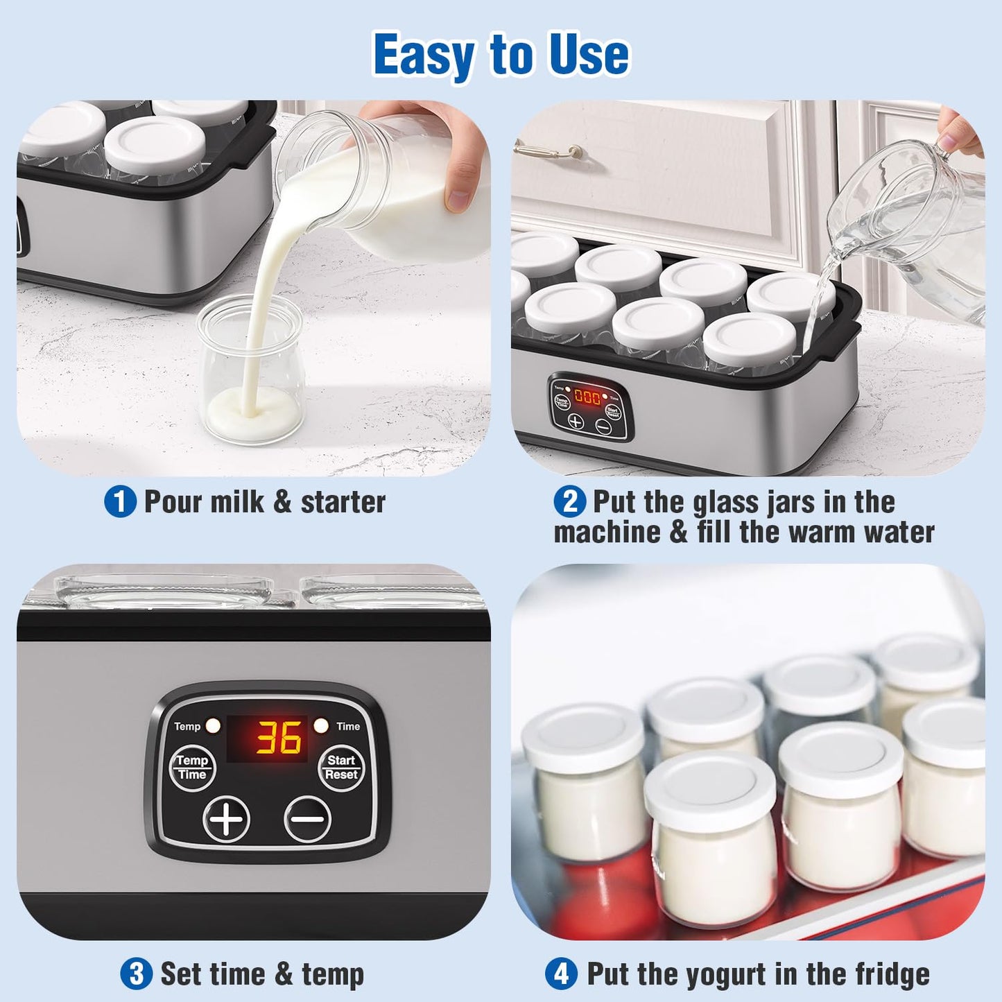 HOPERAN Yogurt Maker with Adjustable Time and Temp Control, Yogurt Maker Machine with Automatic Shut-Off & Constant Temper for Homemade Probiotic, Greek Yogurt, BPA-Free (Black Grey, 48 oz/8 Jars)