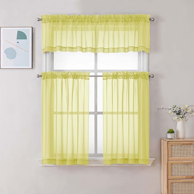 Chyhomenyc Sheer Curtains 36 inch Length 2 Panels Set, Light Filtering Voile Rod Pocket Short Window Curtians for Bathroom Living Room Farmhouse Small Windows, Each 42Wx36L in, 2PCS, Lemon