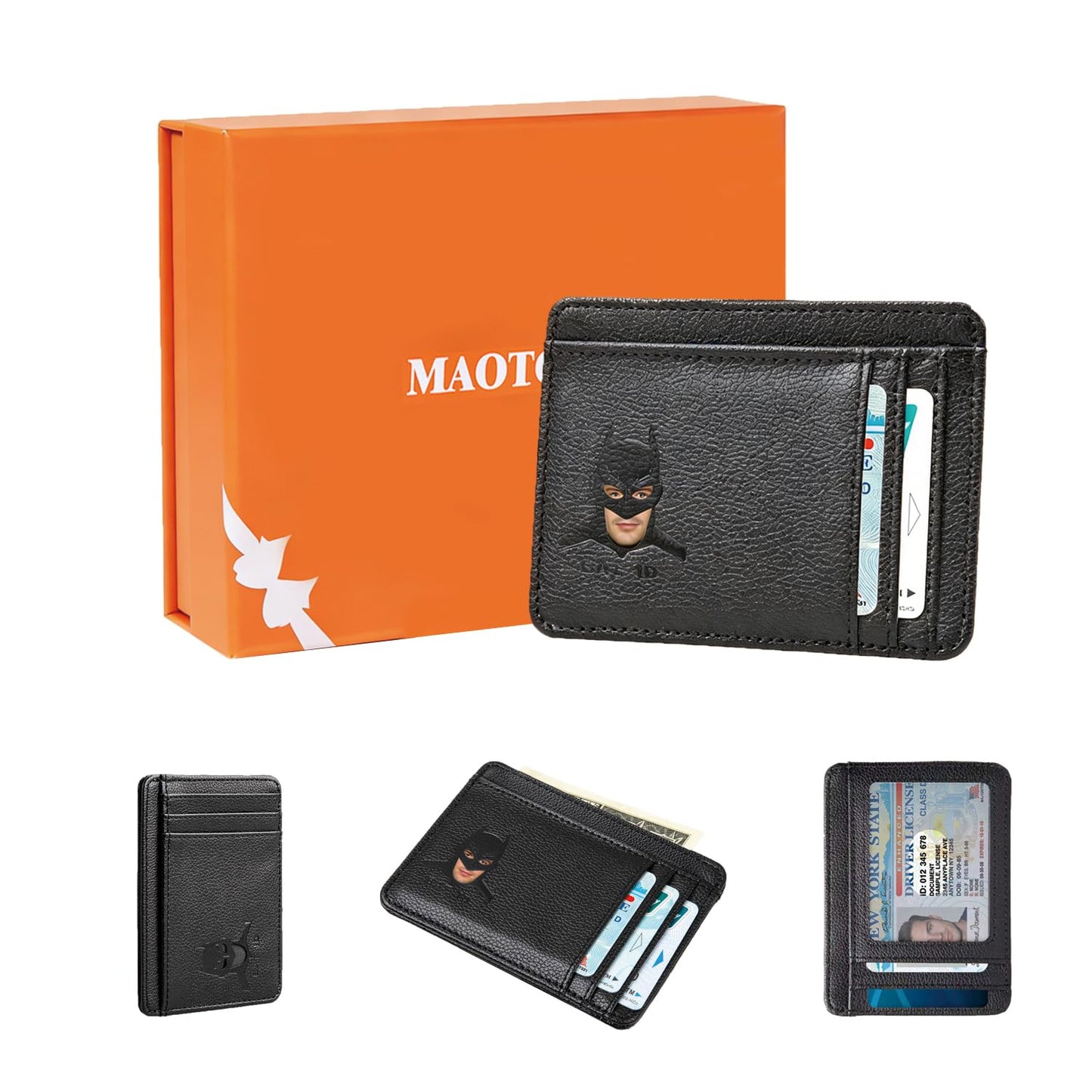 Leather Bat Wallet for Men and Women Personalized Wallet,Design with Cut-out Face,Slim Pocket Bat ID Wallet for Quick Access,Multiple Card Slots and Cash Compartments, the Best Gift for Holiday