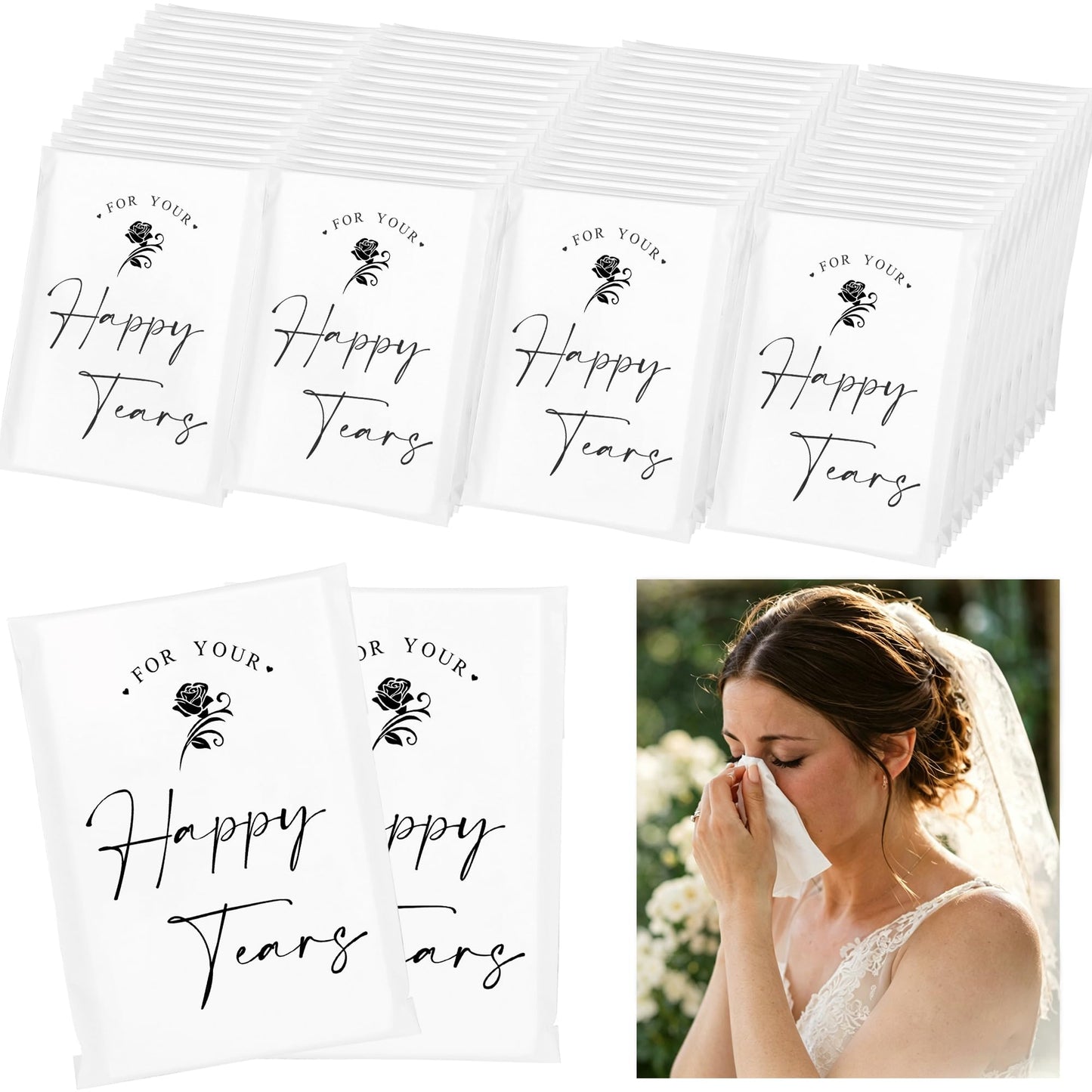 DORIS HOME Happy Tears Tissue Packs, 48 Count, 3-Ply Individual Facial Tissues for Wedding Guests, Ceremony, Reception, Bridal Shower