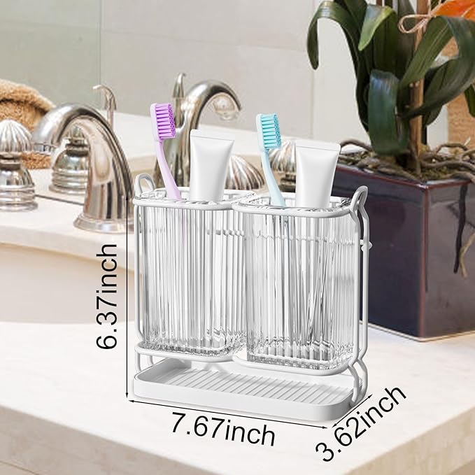 Toothbrush Holders for Bathrooms, 2 Cups Toothbrush Holders Wall Mounted, Dry & Wet Separation, Bathroom Organizers and Storage, Bathroom Toothbrush Holder Set for Family Kids (White)