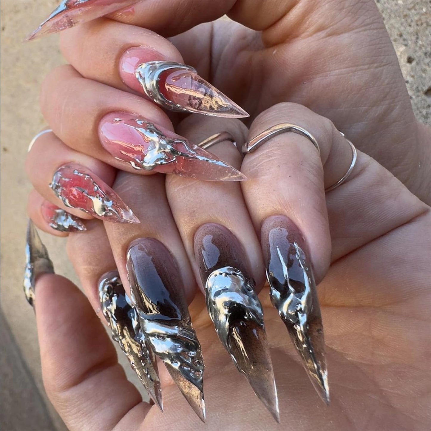 MISUD Press on Nails - Long Stiletto Glue on Nails with Goth Pink Black, Acrylic 3D Silver Chrome Design 24 pcs