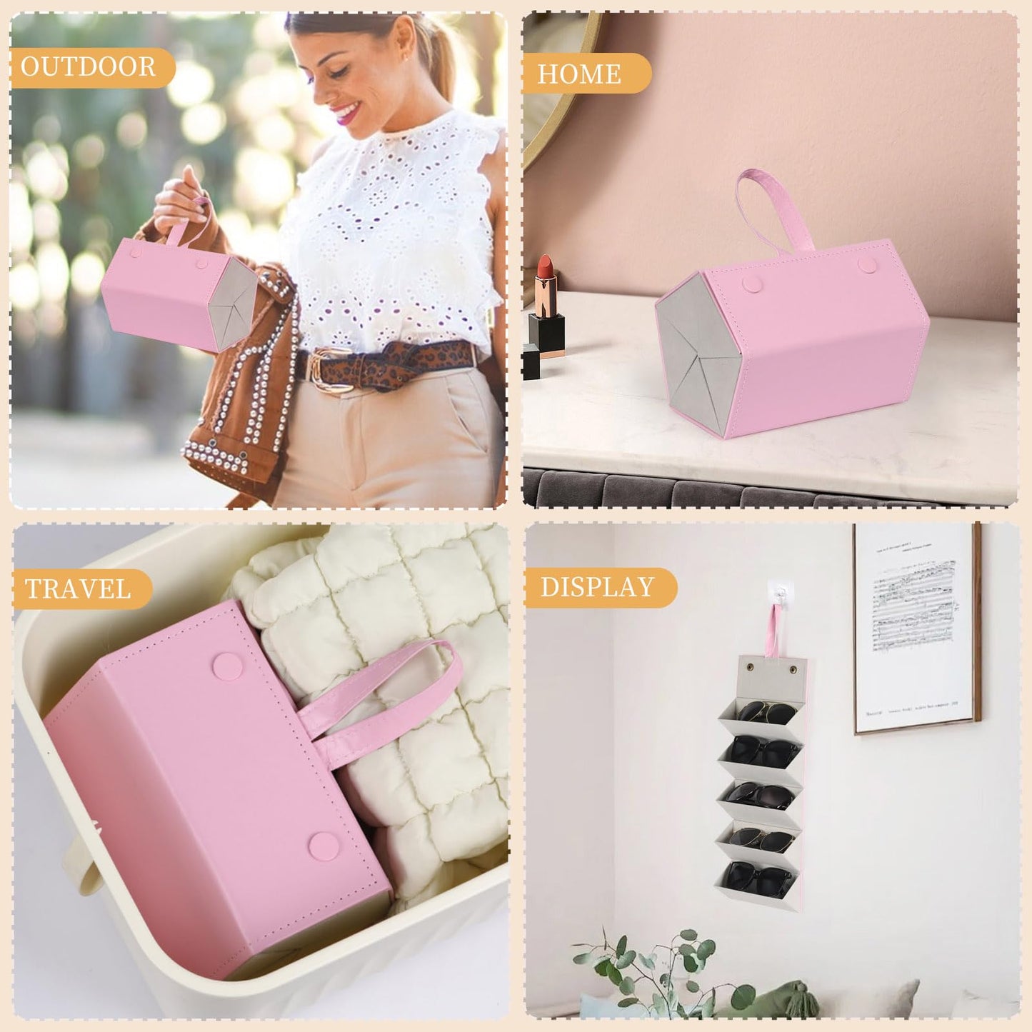 AUTOARK Foldable PU Leather Glasses Organizer with 5 Slots,Hanging & Portable Sunglass Eyewear Storage Case for Men Women,Pink,MKAW254