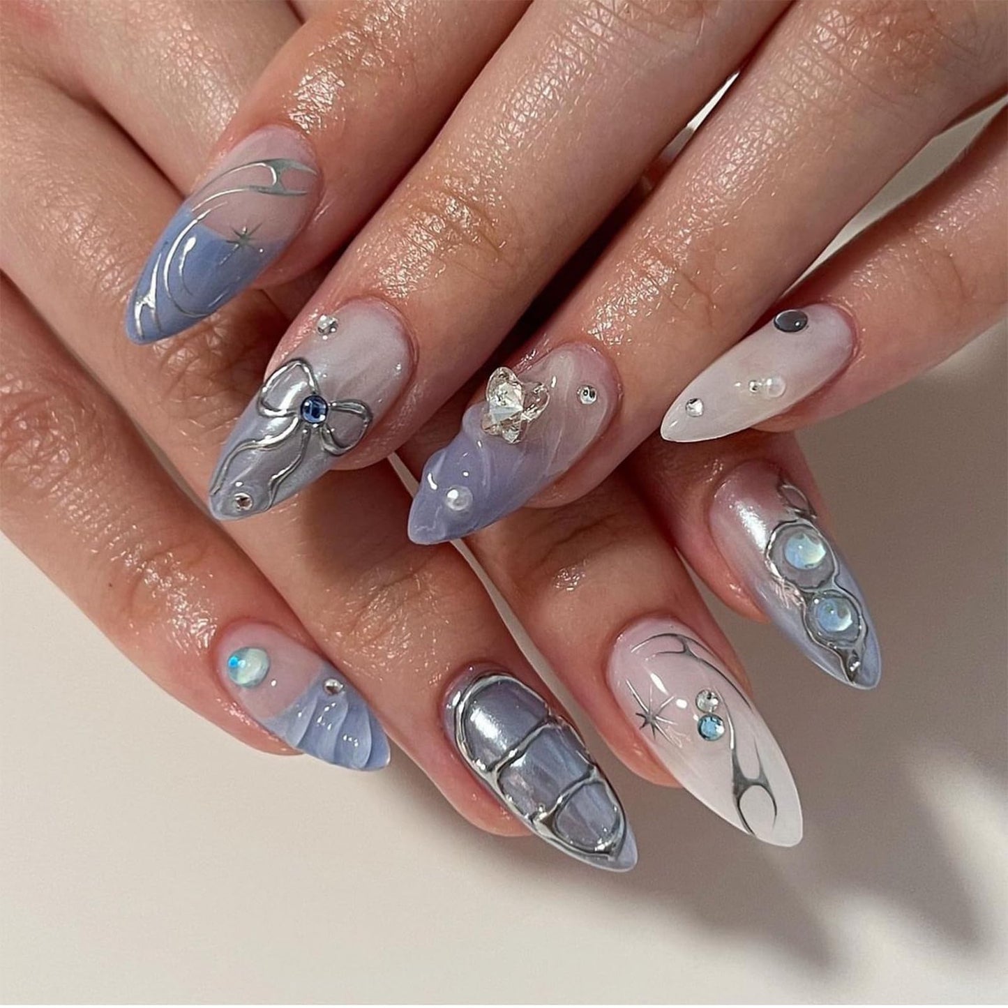 Blue Press on Nails Medium Almond Fake Nails Press ons with Designs Rhinestone Bow False Nails Glossy Full Cover Stick on Nails Charms Cute Acrylic Glue on Nails for Women Manicure 24Pcs