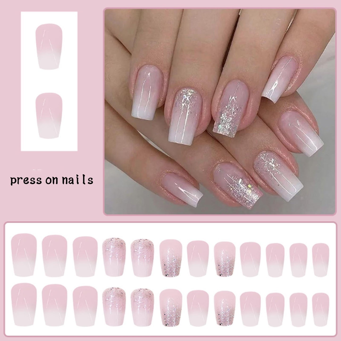 Hkanlre Pink Medium Fake Coffin Nails Tips Press on Sequins Nails Full Cover Gradient False Shiny Nails for Women 24PCS