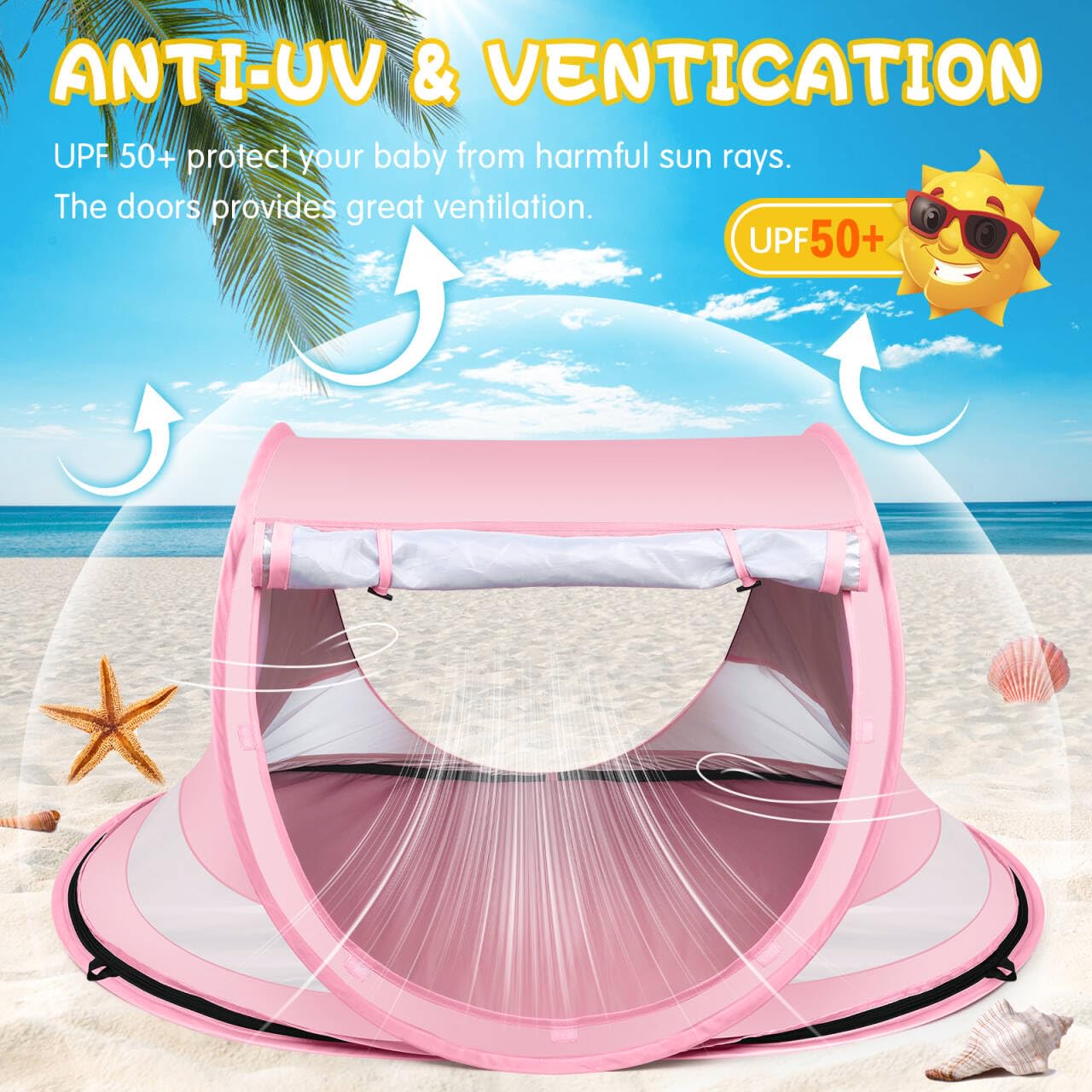 Baby Beach Tent, Large Pop Up Beach Tent Sun Shade with Mosquito Net, UPF 50+ UV Protection Sun Shelter (Pink)